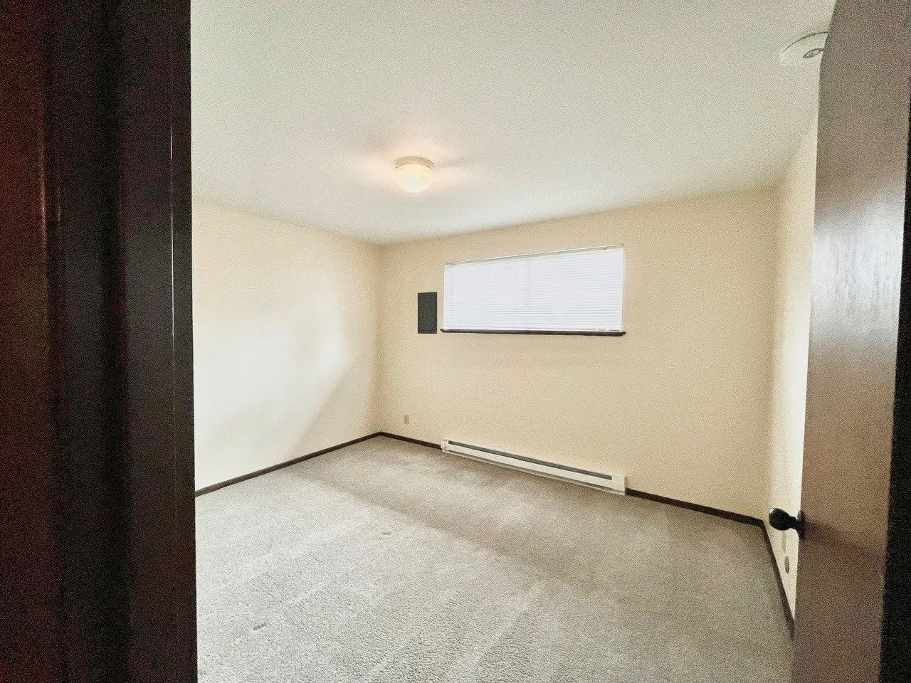 Empty beige room with carpet, window, and baseboard heater
