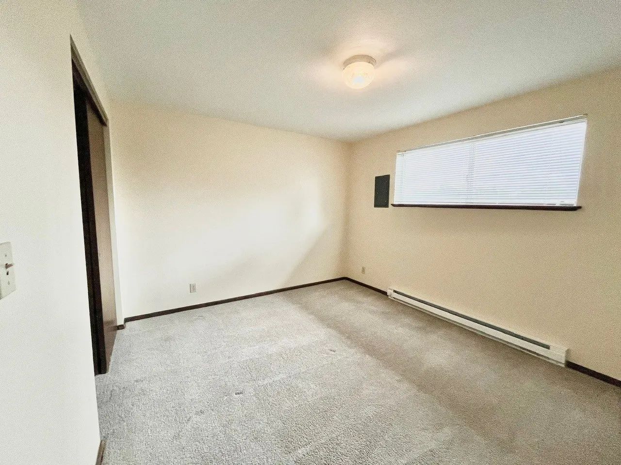 Empty beige bedroom with carpet, window blinds, closet door, and baseboard heater.