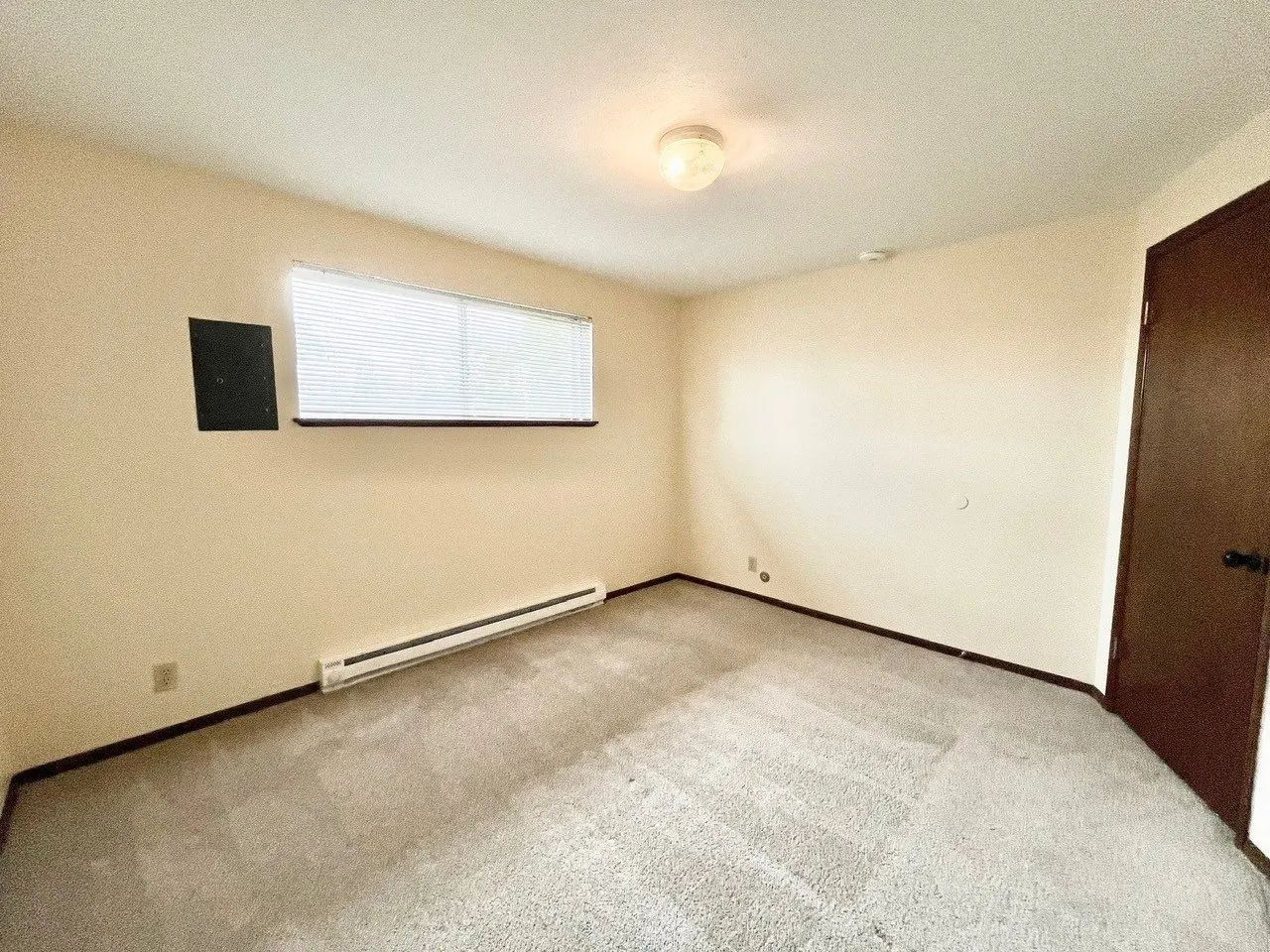 Empty beige room with carpet, window, wall-mounted heater, and closed wooden door