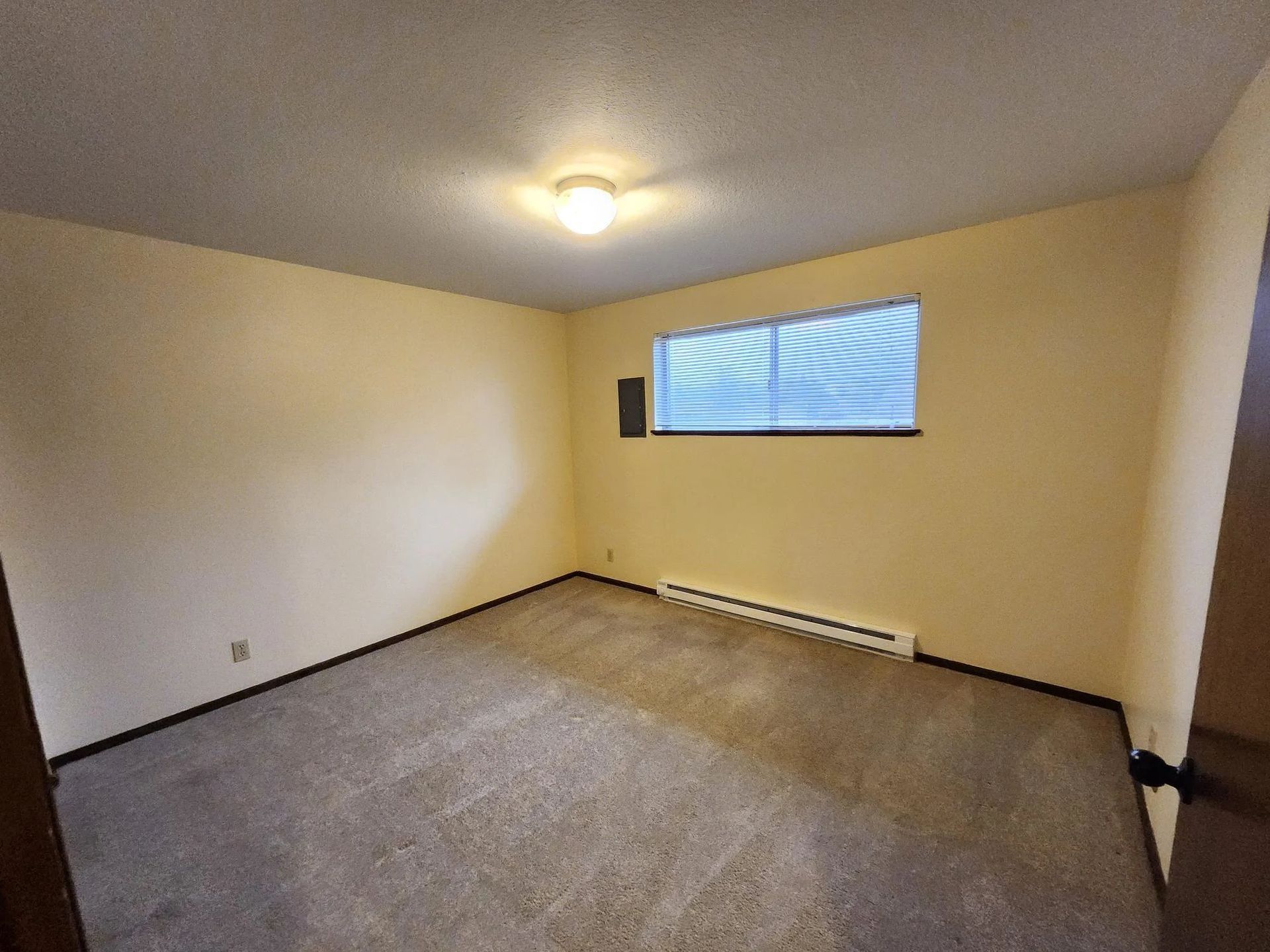 Empty beige carpeted room with a ceiling light and small window.