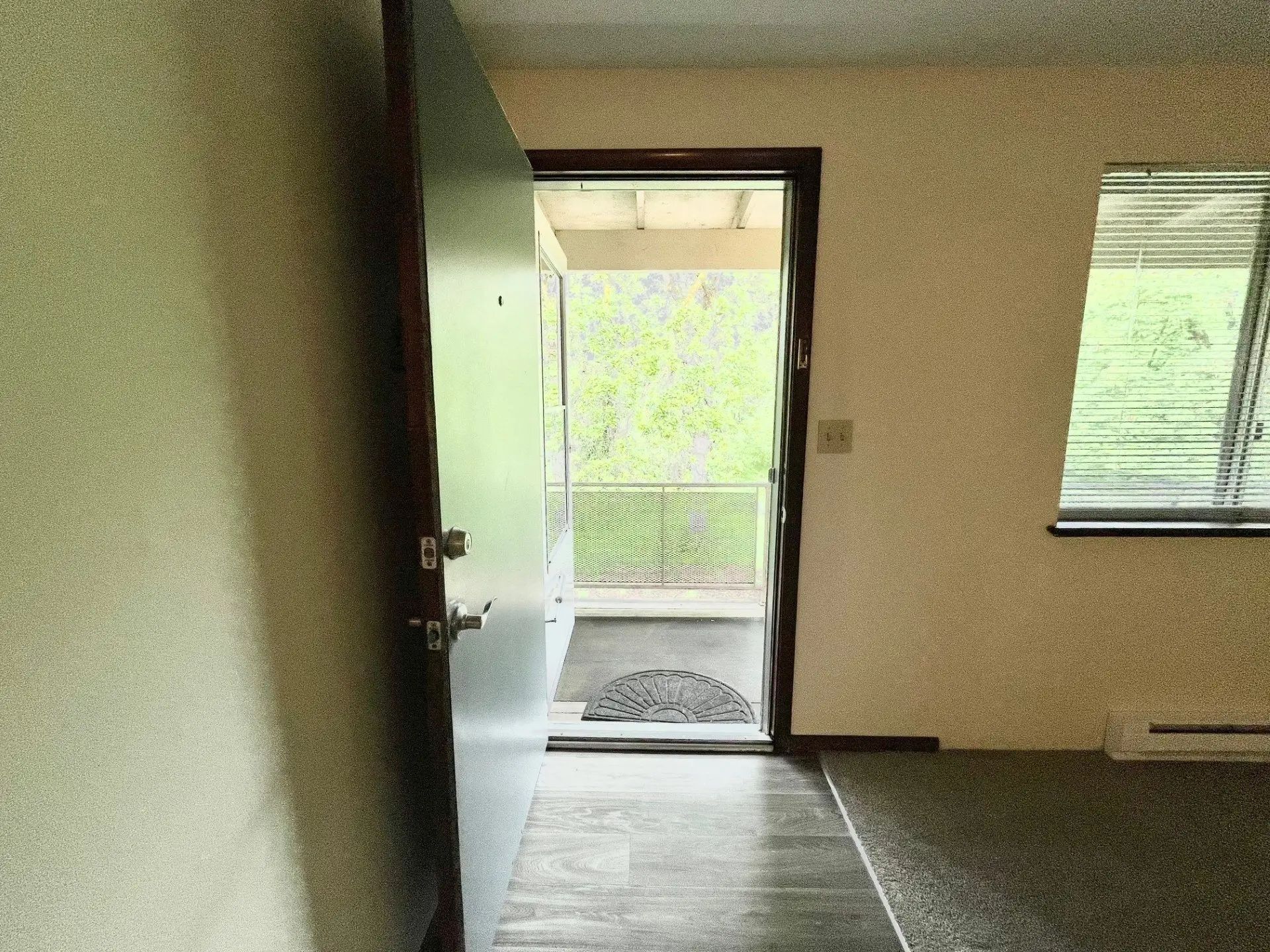 Open front door leading to a bright porch and yard, with an empty room in the foreground.