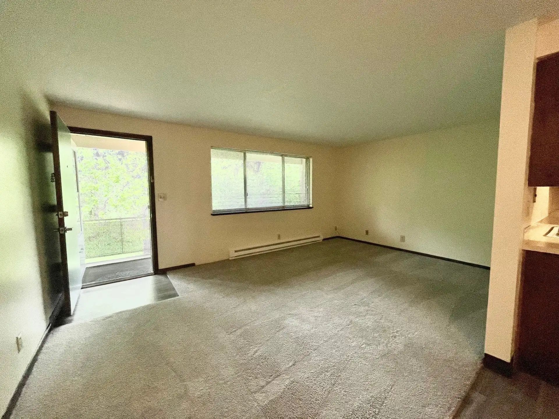 Empty carpeted living room with open front door and small windows, beige walls, and a kitchen pass-through on the right