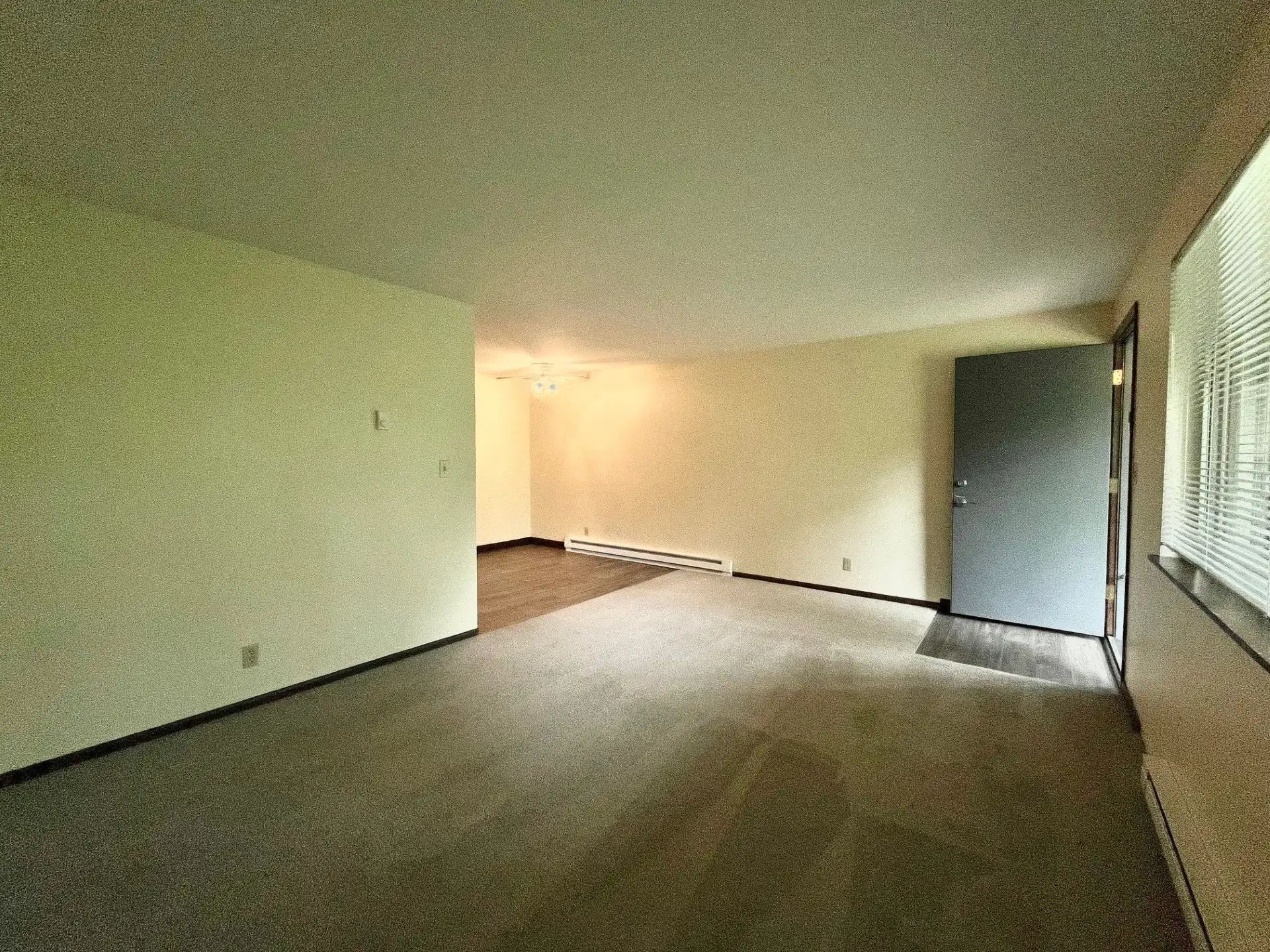 Empty carpeted living room with beige walls and windows on the right.