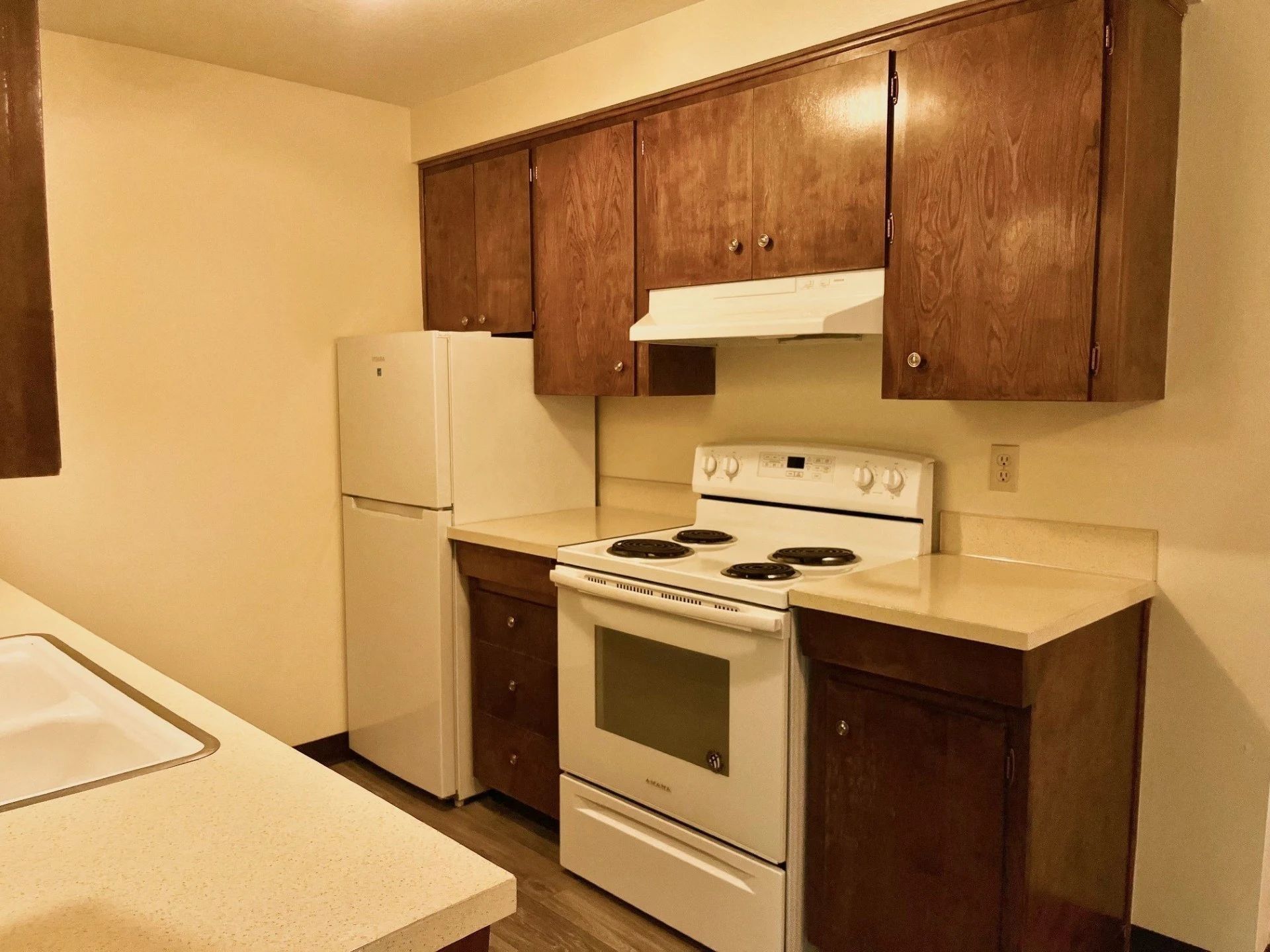 Small kitchen with white stove, fridge, and dark wood cabinets against beige walls.