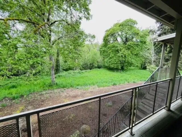 View from a covered balcony overlooking a green wooded area and dirt path.