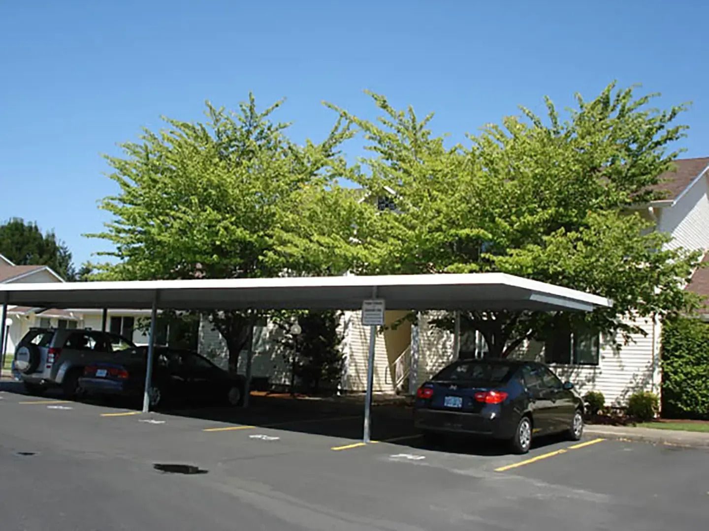 Covered parking lot with two cars parked under a carport beside a building and trees