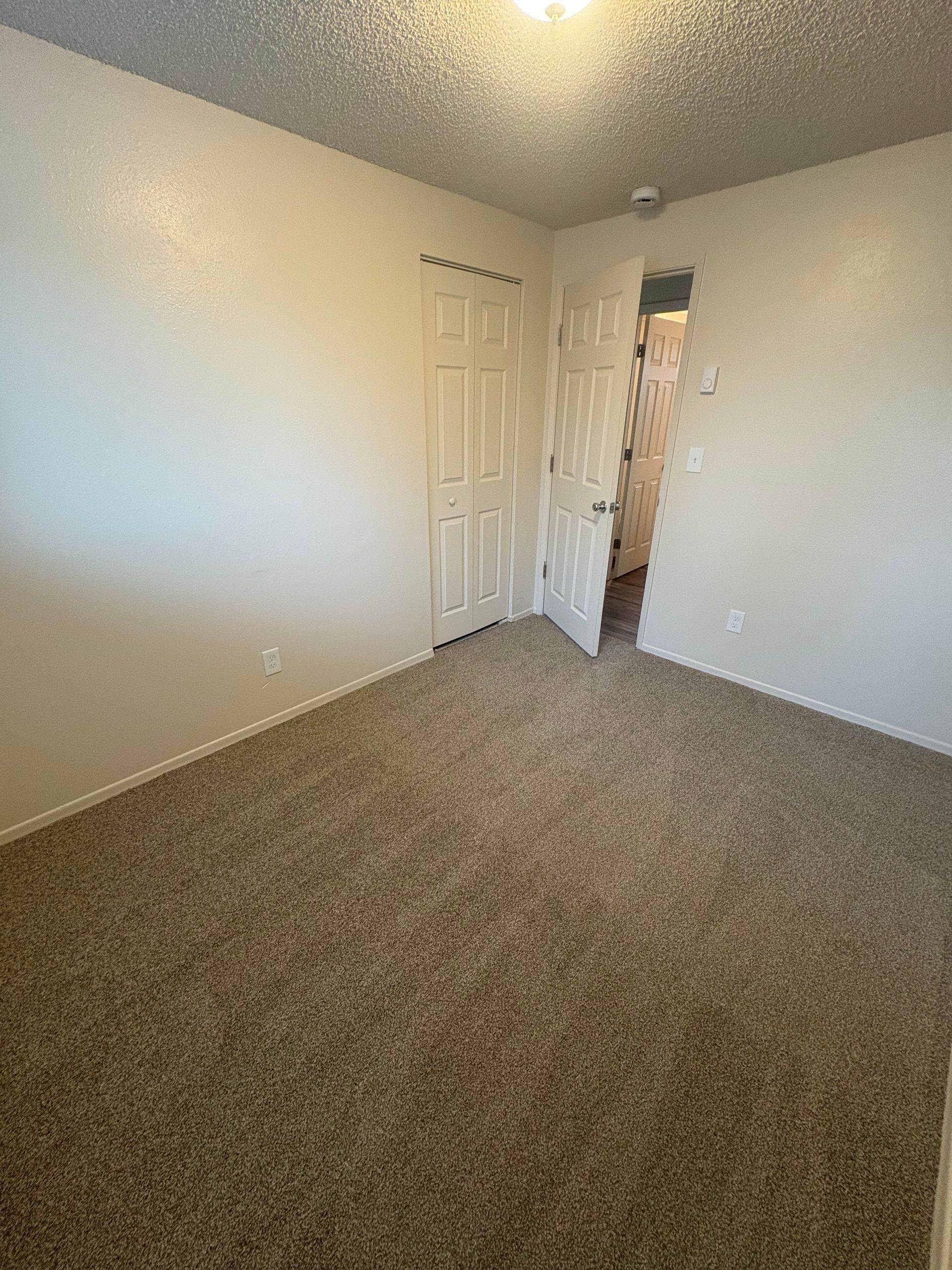 Empty carpeted bedroom with white walls, closet doors, and a partially open doorway.