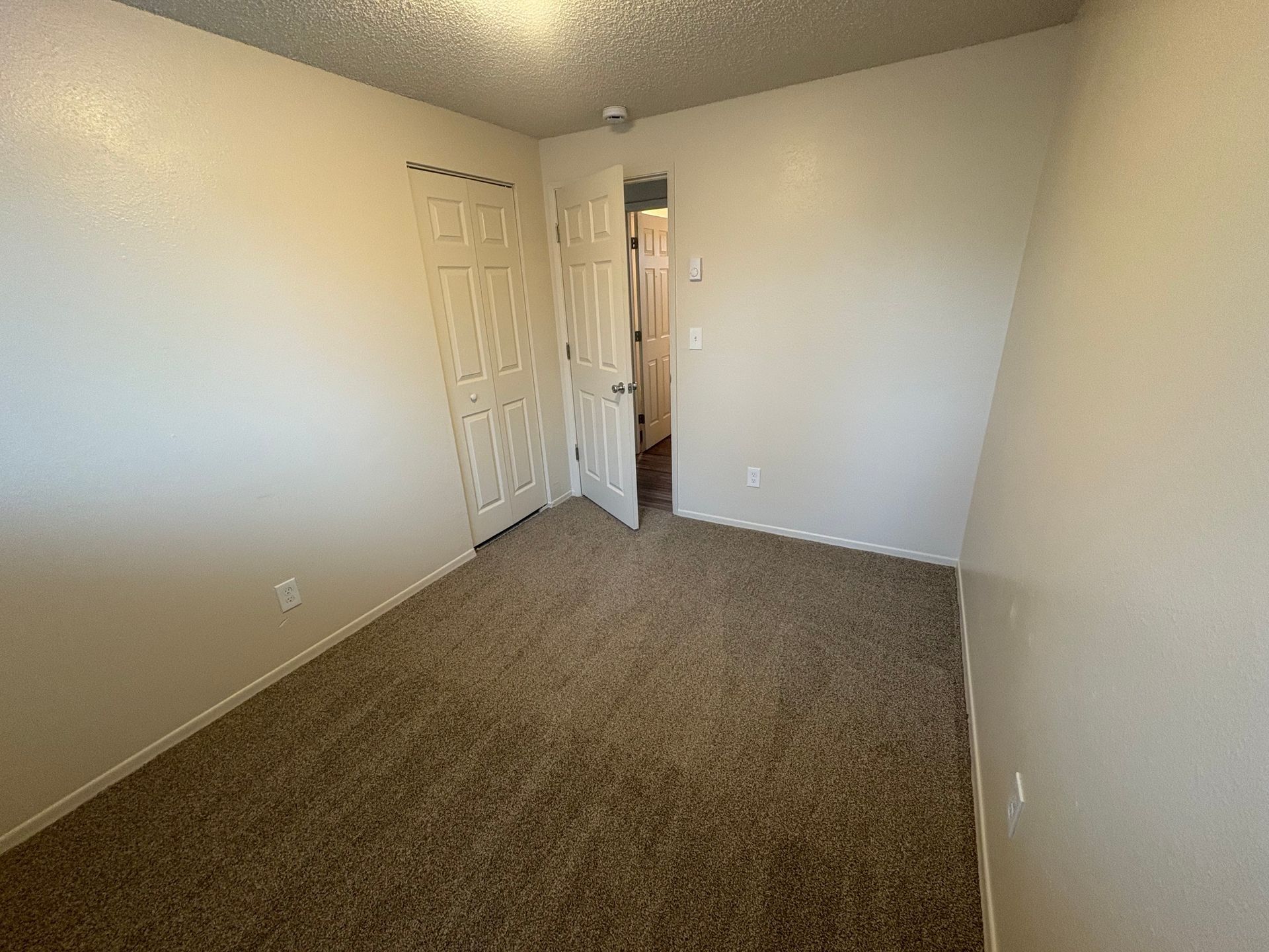 Empty beige carpeted bedroom with white walls and an open door to a hallway