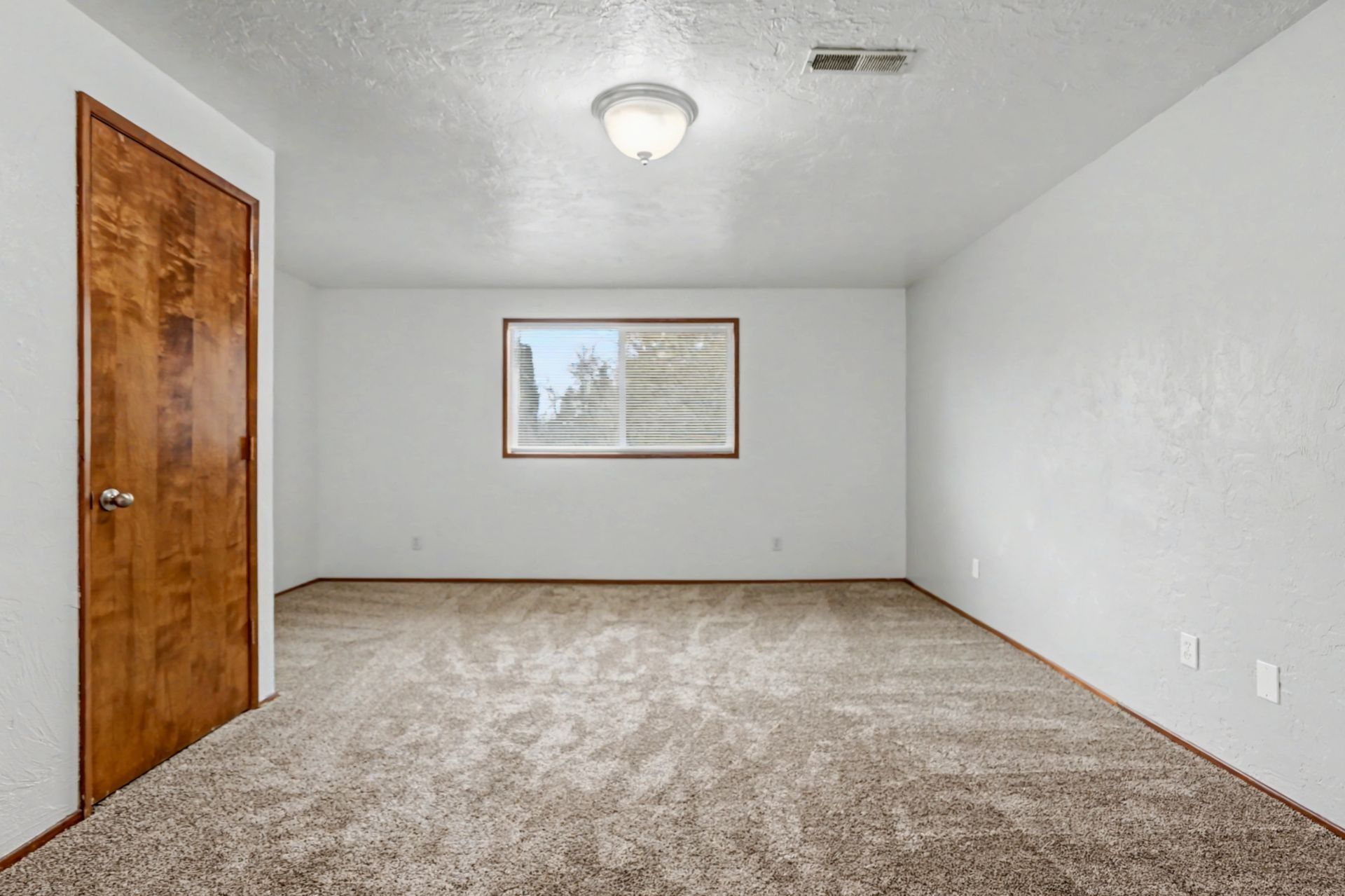 Empty carpeted room with white walls, wooden door, ceiling light, and framed window at the back.