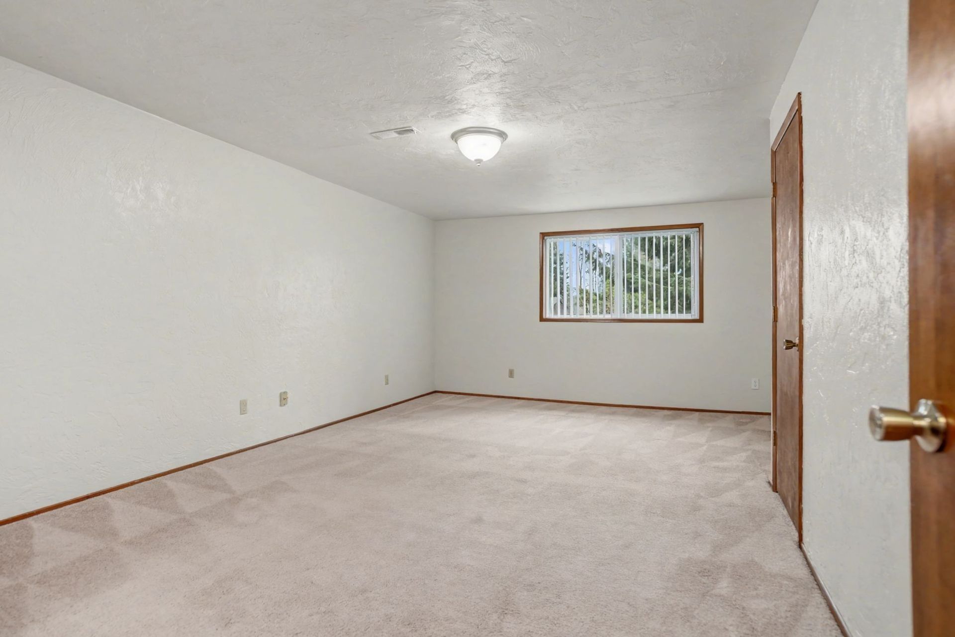 Empty beige carpeted bedroom with white walls, wood trim, and a window with blinds.