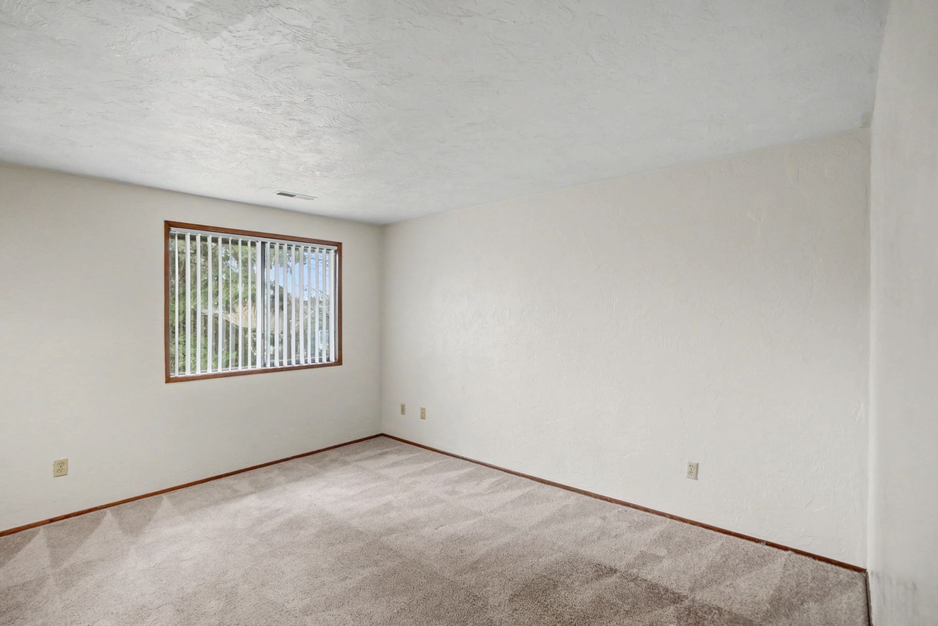 Empty carpeted bedroom with white walls and a window with vertical blinds