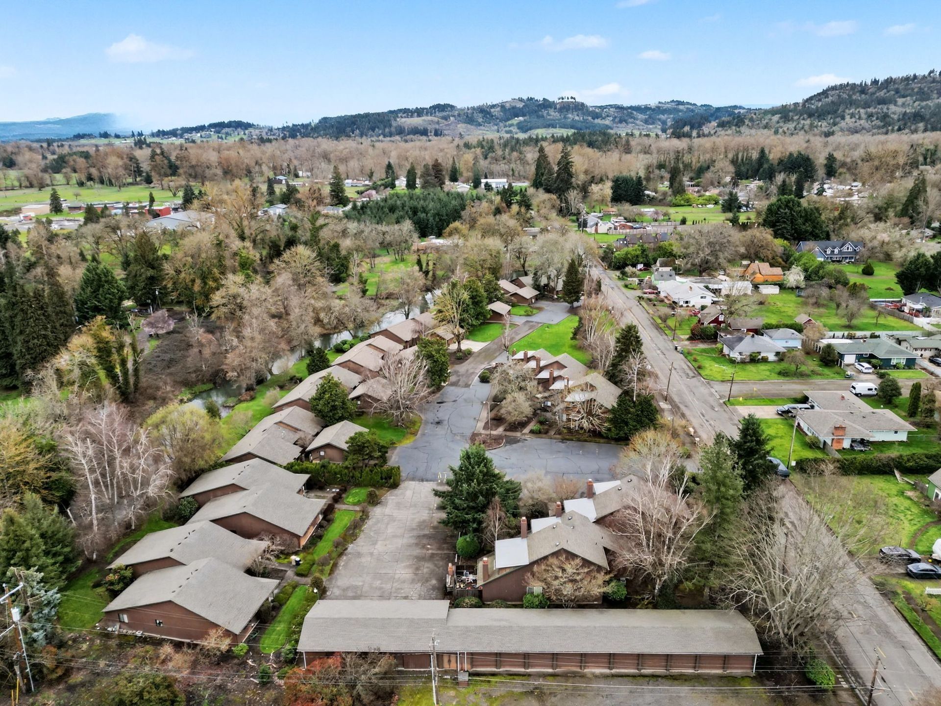 Aerial view of a residential neighborhood with houses, trees, and a green landscape.