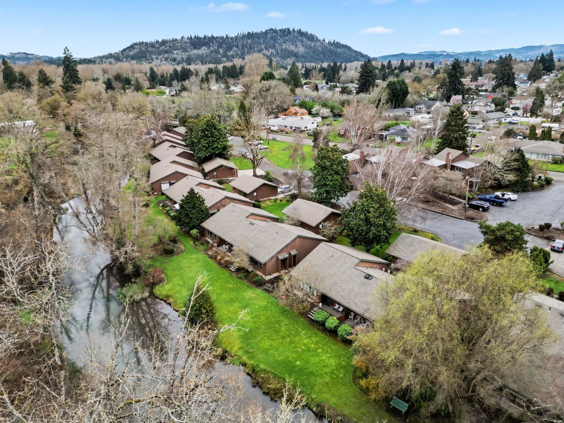 Aerial view of a suburban neighborhood with houses, trees, green lawns, and hills in the background