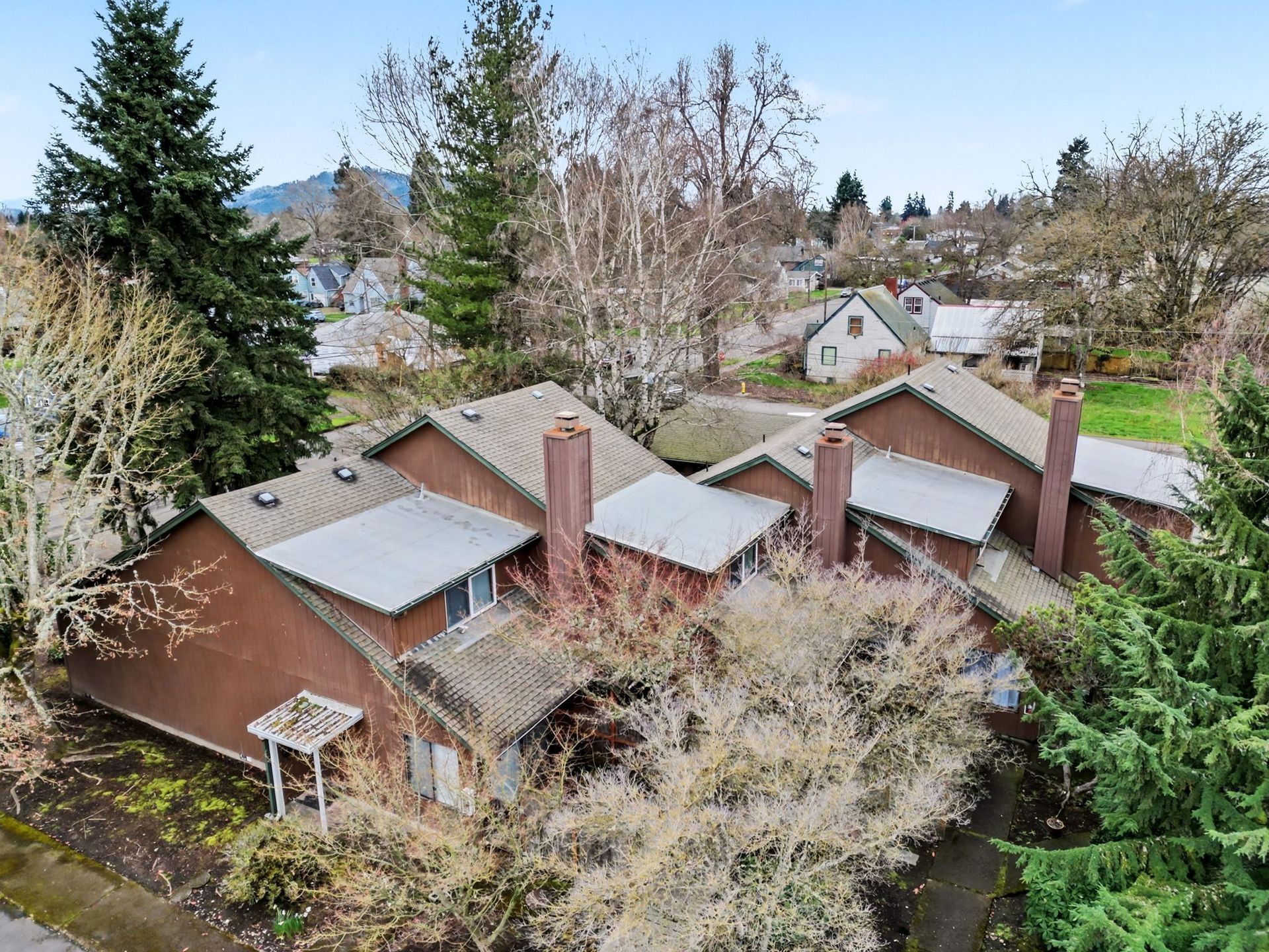 Aerial view of brown-roofed houses and trees in a suburban neighborhood