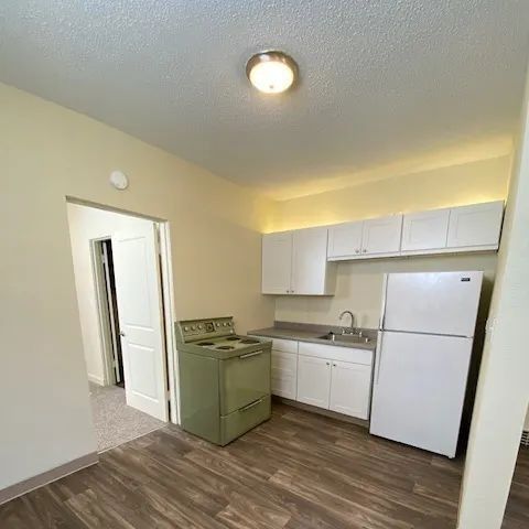Small kitchen with white cabinets, green stove, white fridge, and wood-look floor.