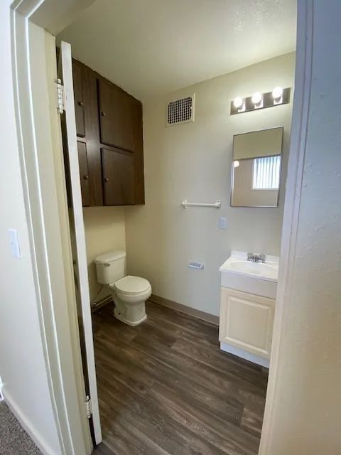 Small bathroom with dark wood floor, white toilet, vanity, mirror, and wall cabinet.