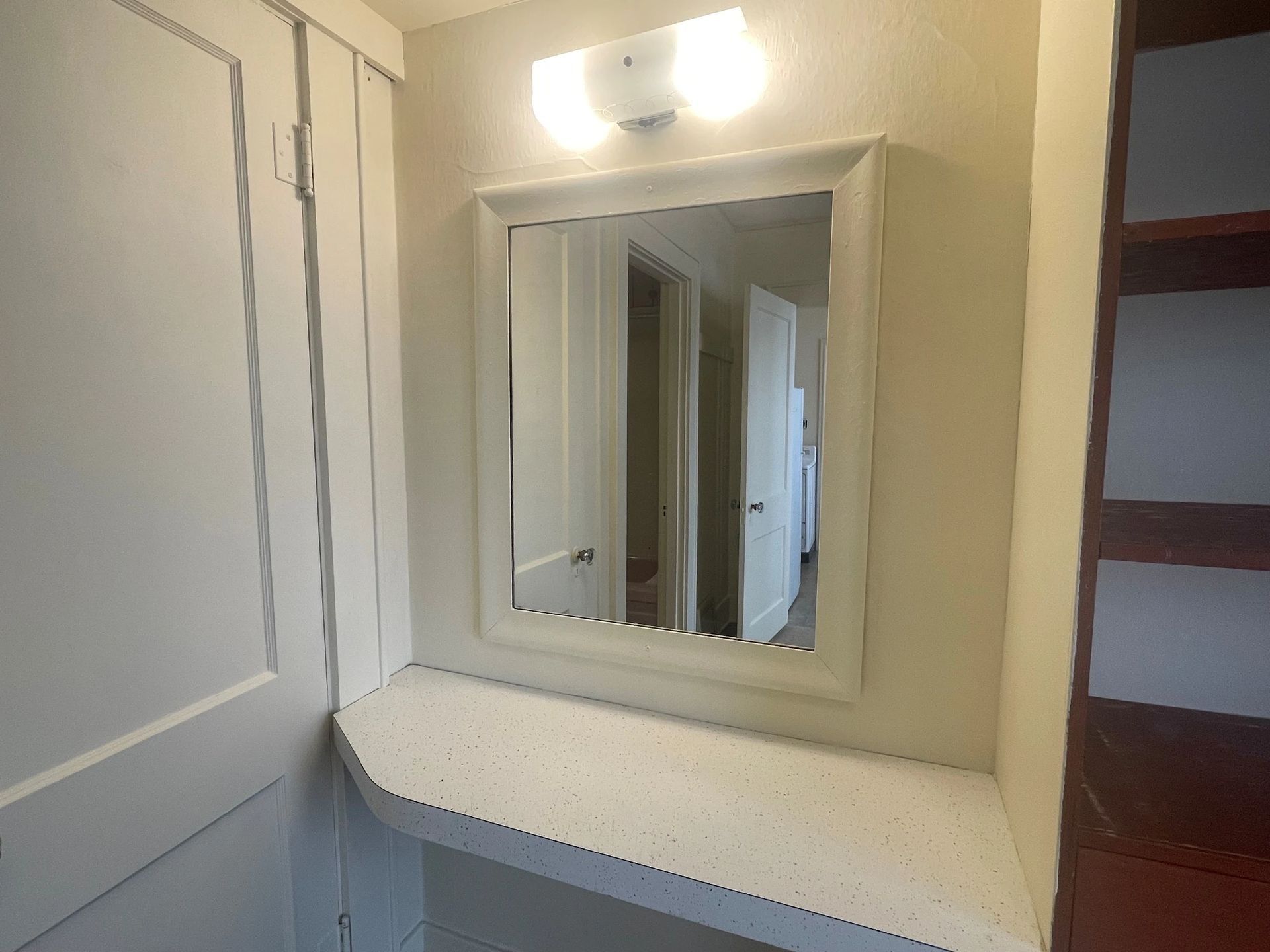 Bathroom mirror with light above and a white vanity shelf below