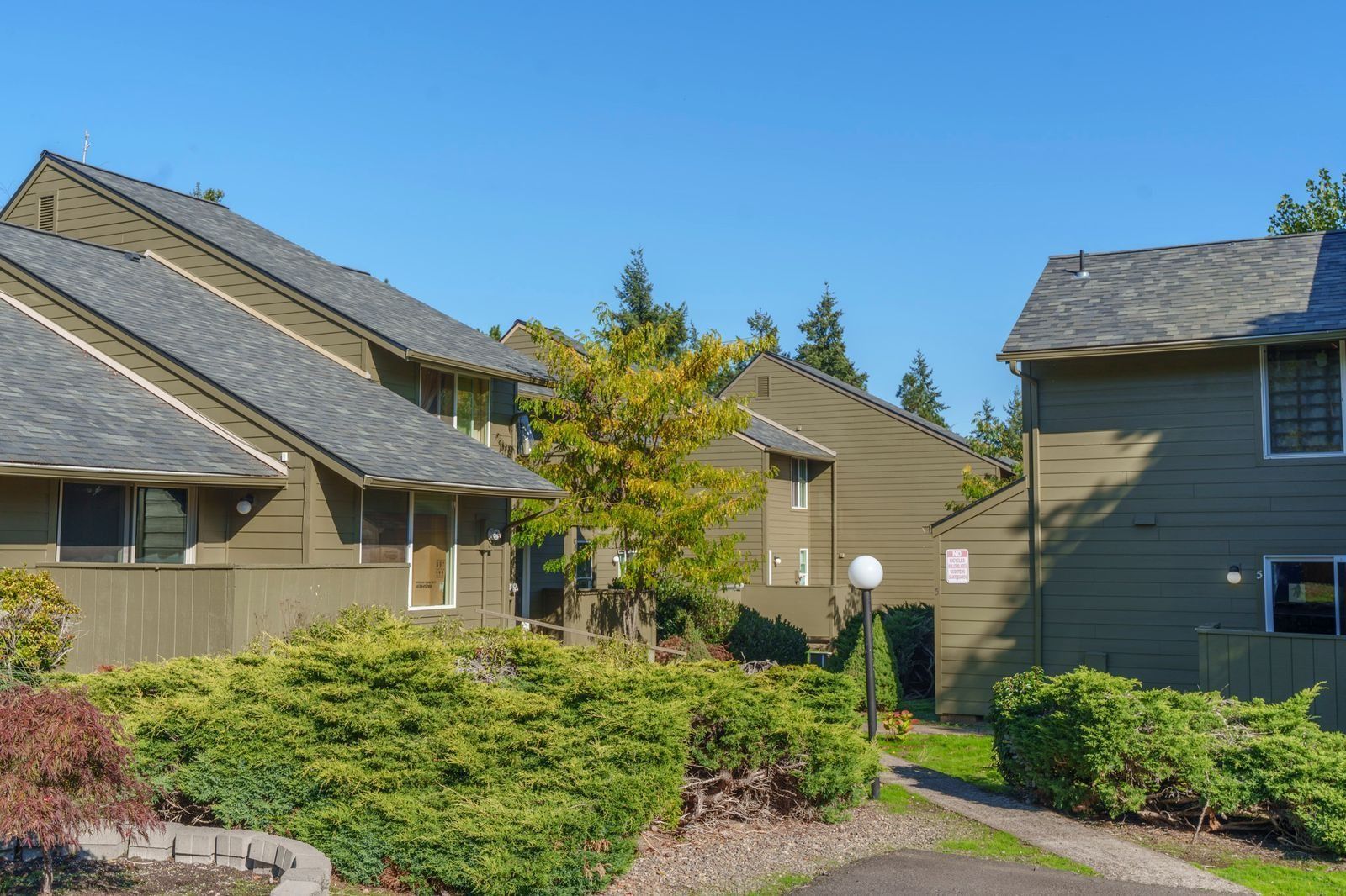 Residential townhouses with gray roofs, green shrubs, and a tree under a blue sky