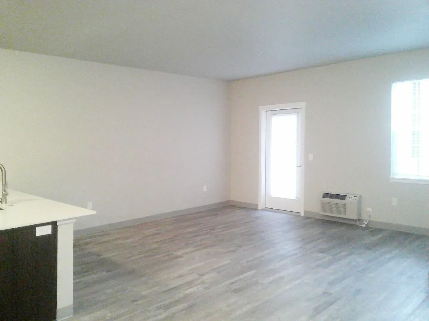 Empty unfurnished living room with gray wood floors, white walls, and a windowed door.