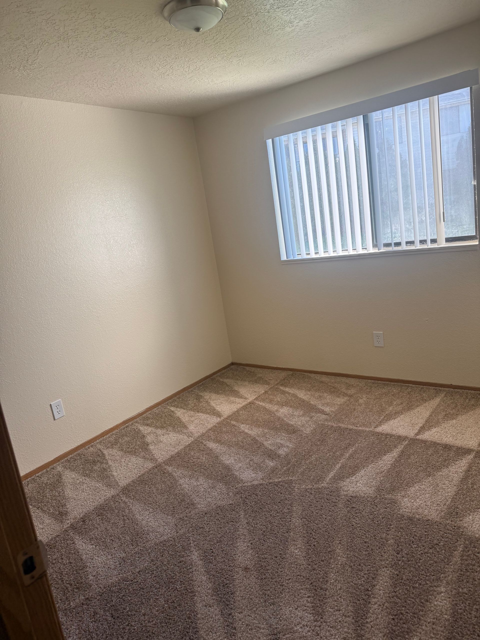 Empty beige bedroom with carpet, white walls, and a window with vertical blinds.