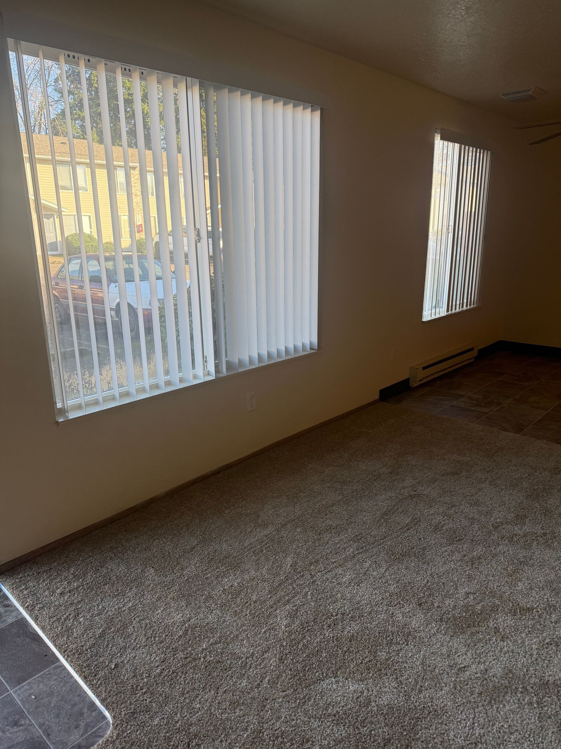 Empty carpeted room with two windows and vertical blinds letting in sunlight.