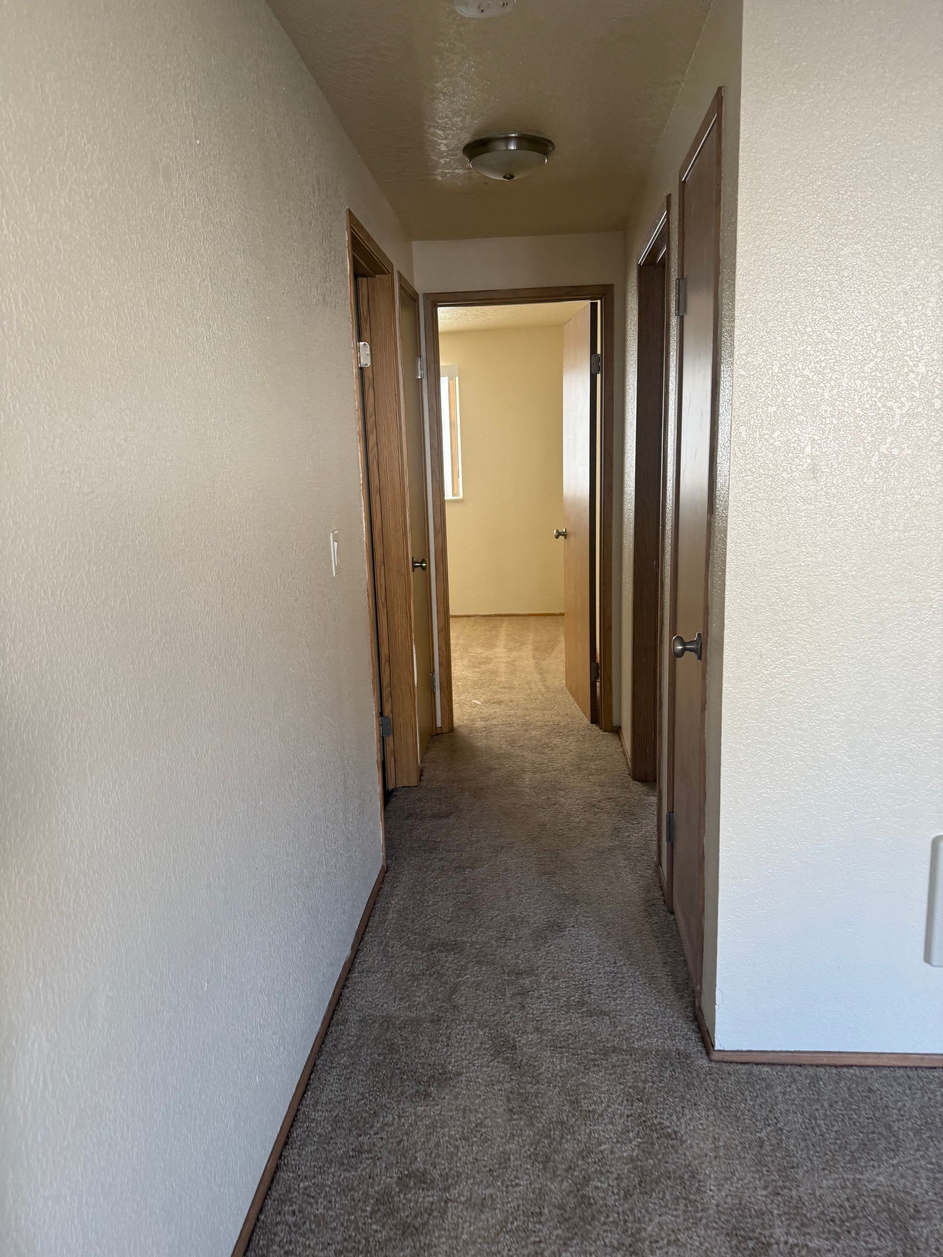 Narrow carpeted hallway with white walls and wooden doorways, leading to a lit room.