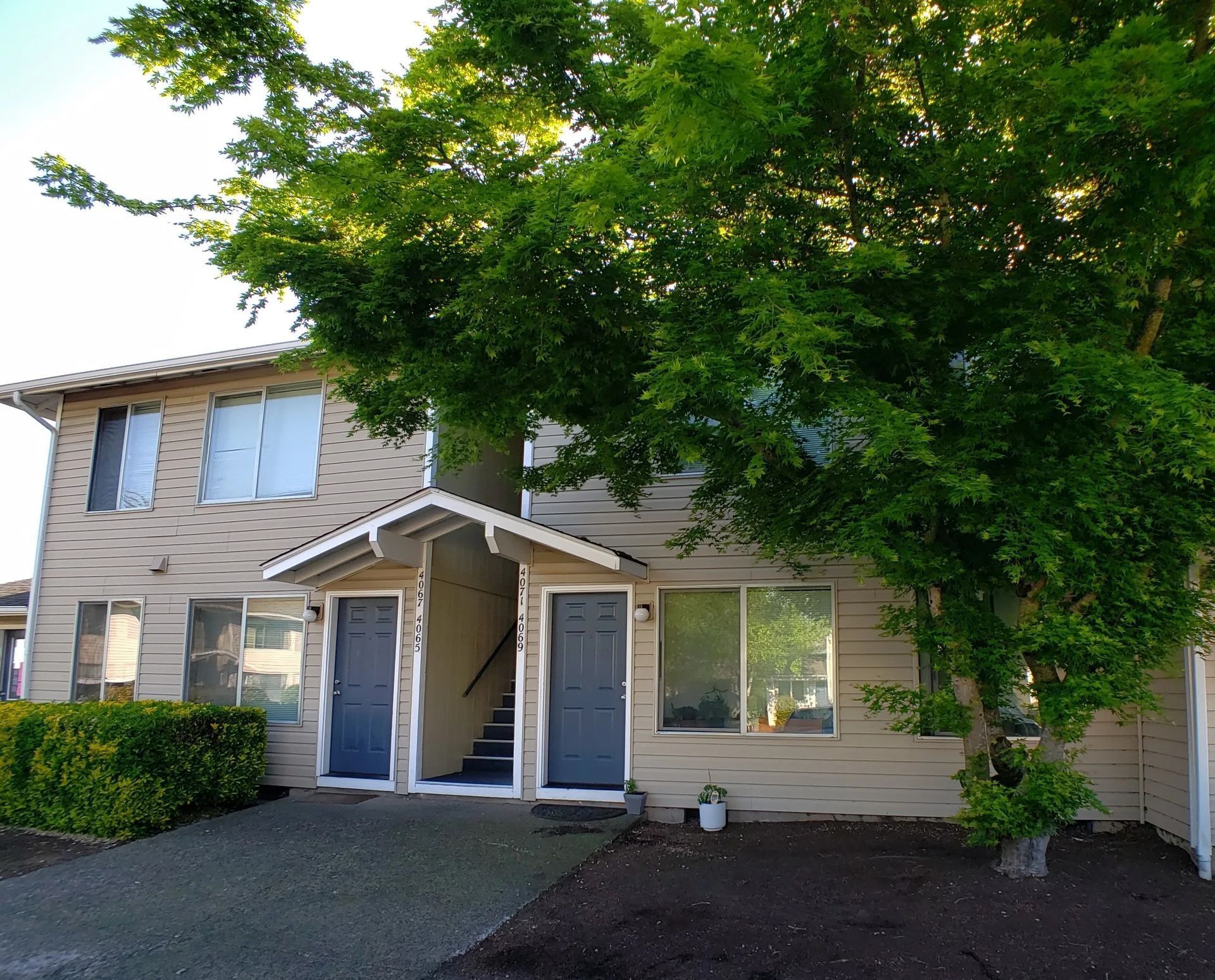 Two-story townhouse with beige siding, blue doors, and a large tree shading the front yard.
