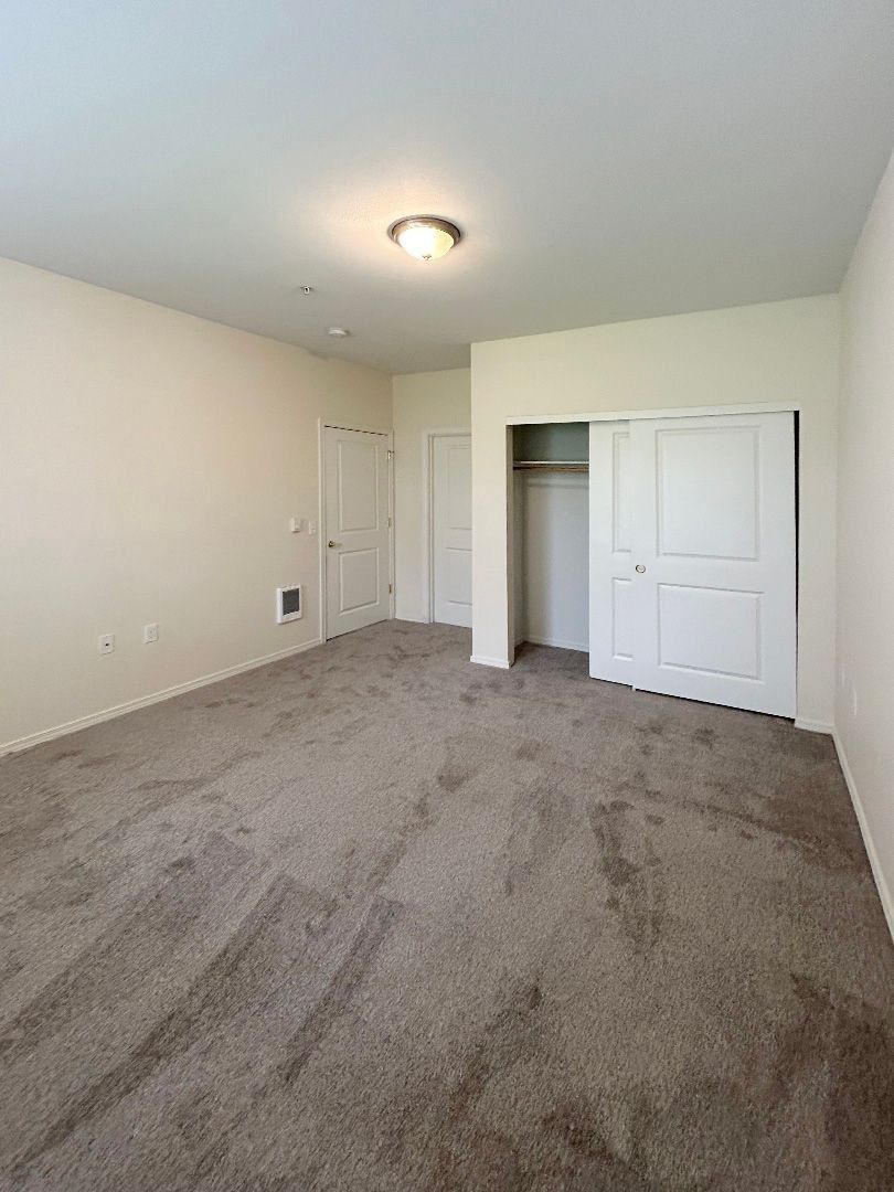Empty beige bedroom with carpet, closet doors, and a ceiling light.