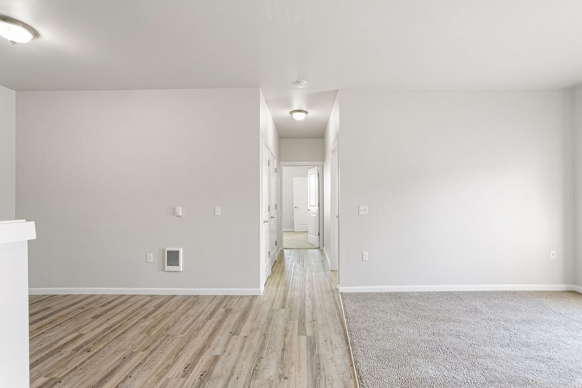 Empty modern apartment interior with white walls, wood-look flooring, and carpeted living area