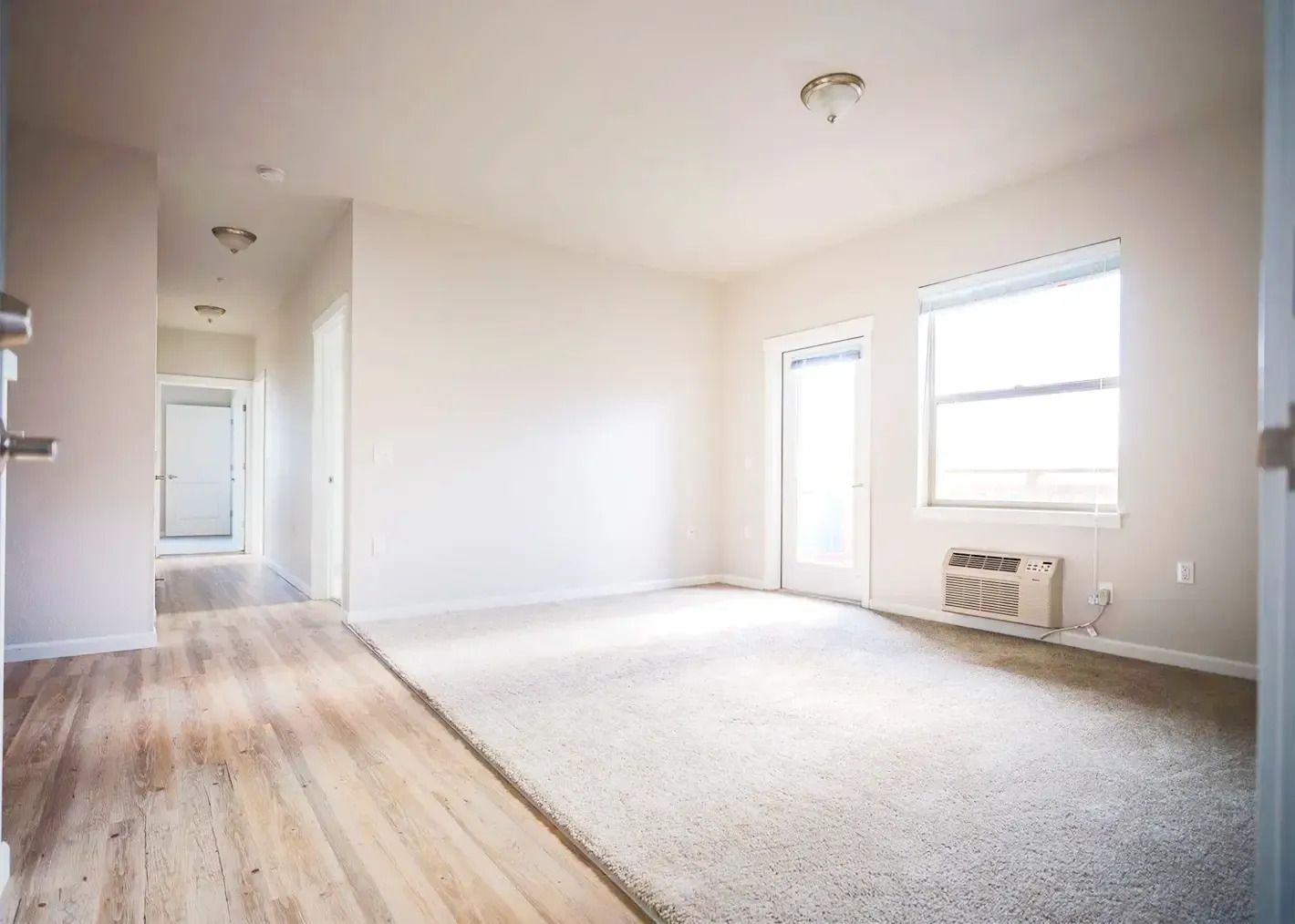 Bright empty apartment room with carpet, wood floor hallway, and windows letting in daylight