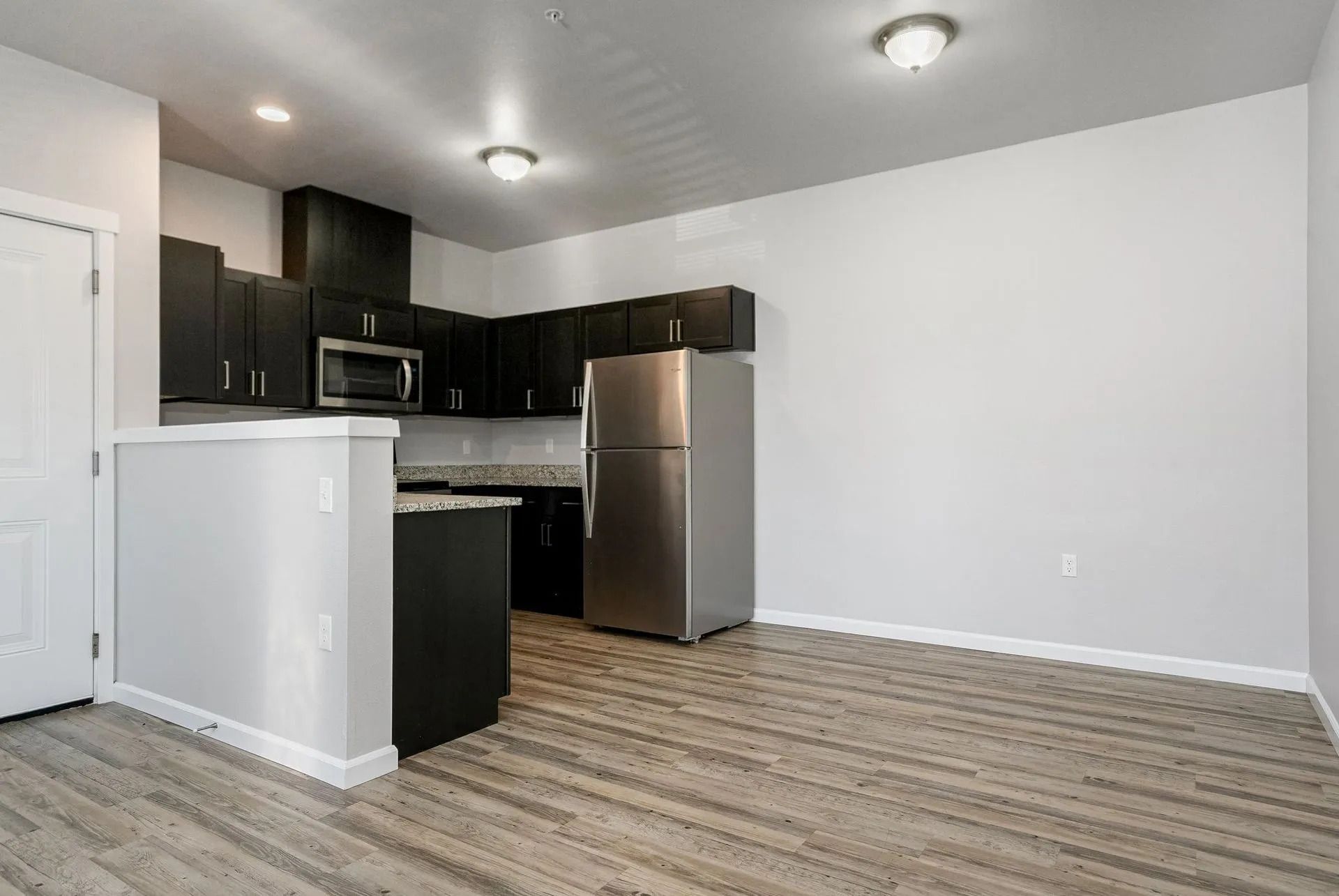Empty modern kitchen with dark cabinets, stainless steel appliances, and wood-look flooring