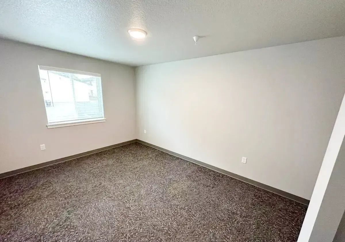 Empty carpeted bedroom with gray walls and a small window letting in daylight