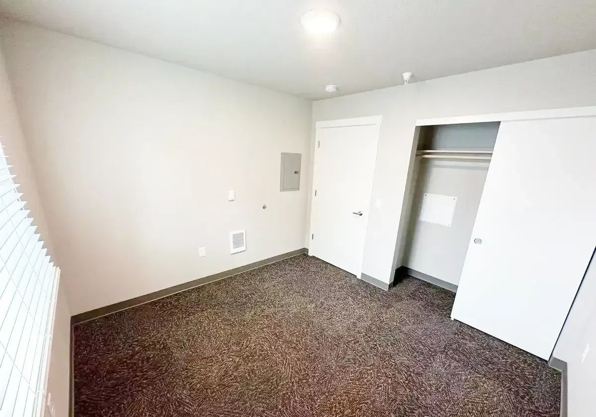 Empty bedroom with white walls, carpeted floor, open closet, and a window on the left.