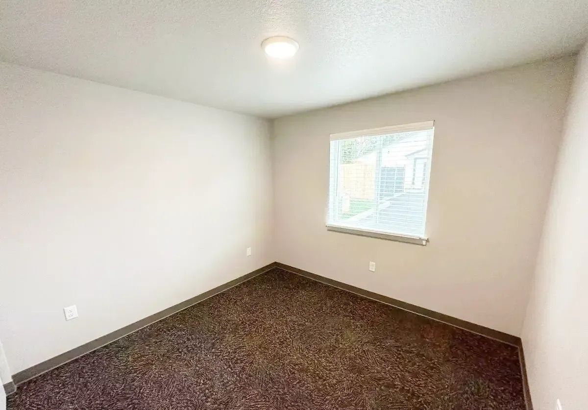 Empty beige bedroom with brown carpet and a window letting in daylight
