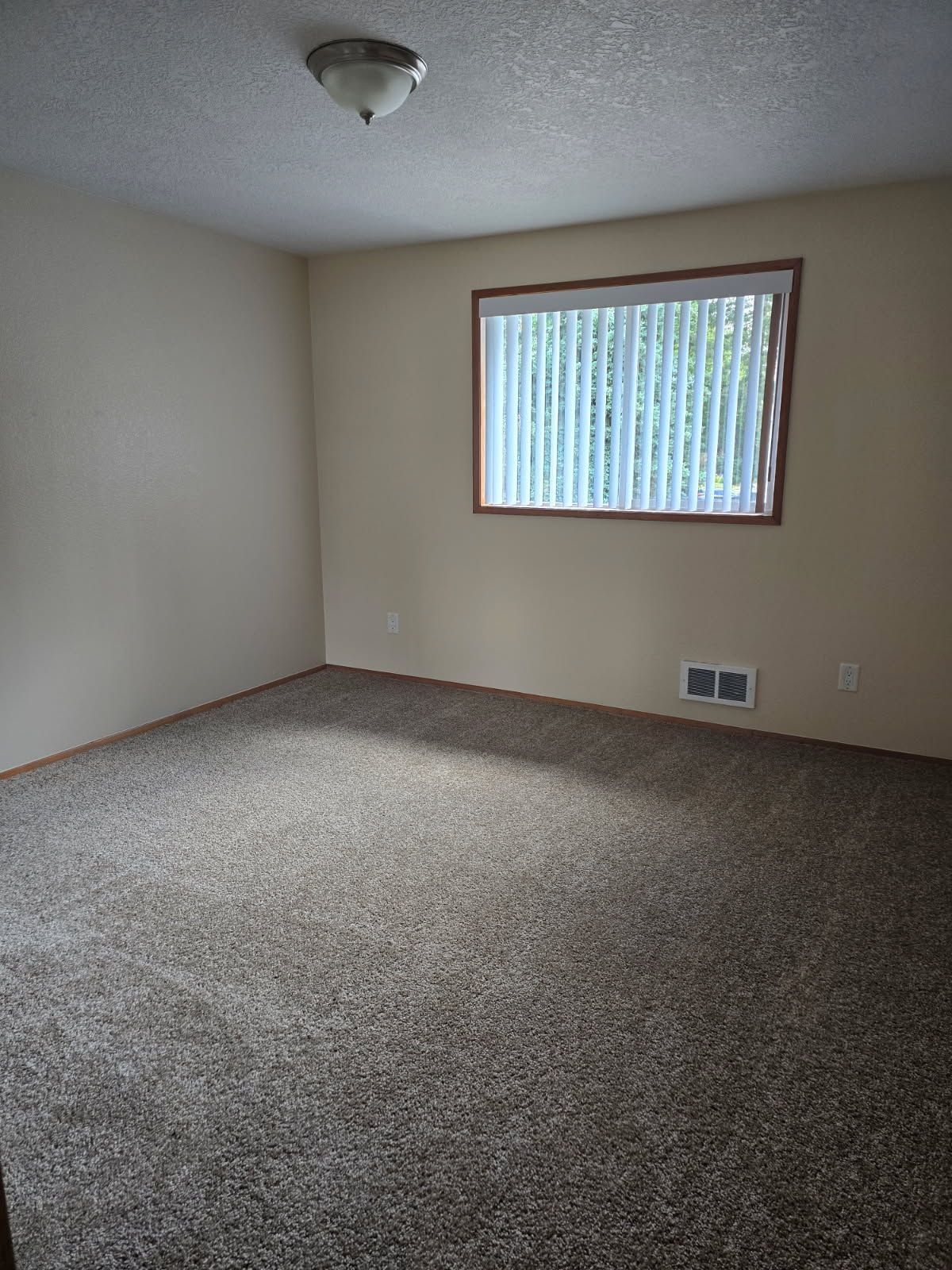 Empty carpeted room with beige walls, ceiling light, and a small window with blinds.