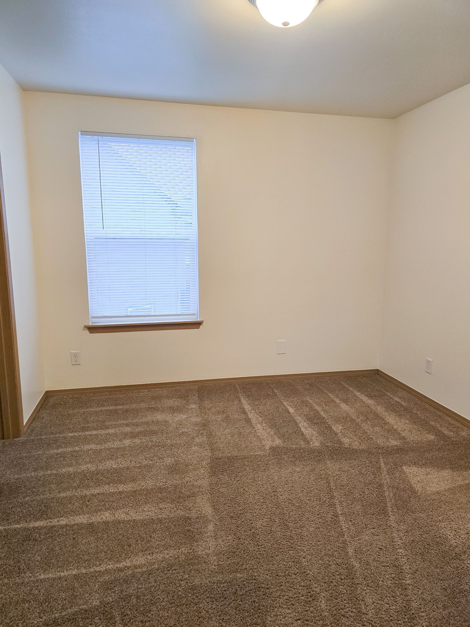 Empty beige bedroom with carpeted floor, window with blinds, and ceiling light.