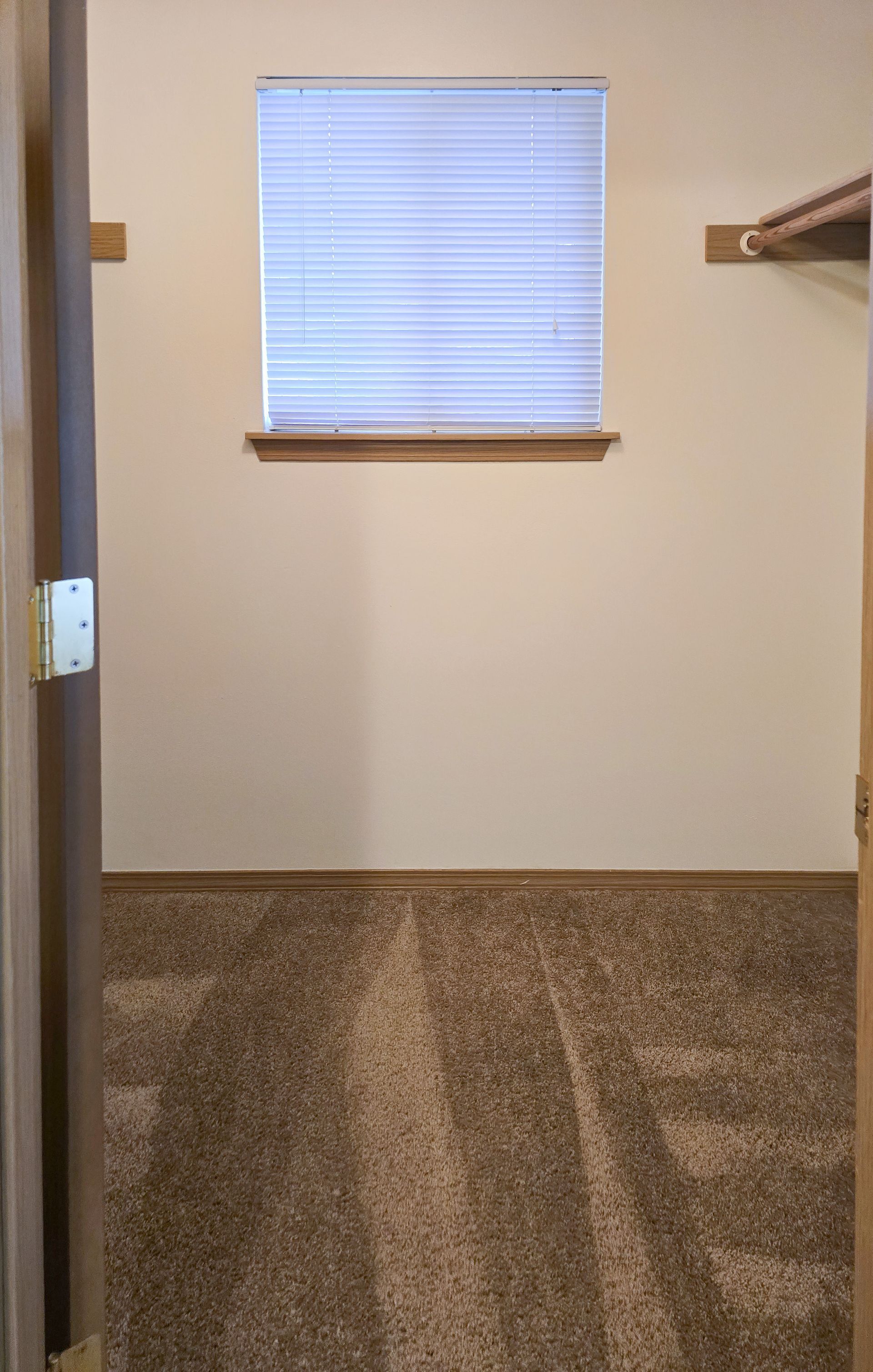 Empty beige room with a small window, blinds, carpeted floor, and a shelf on the right side