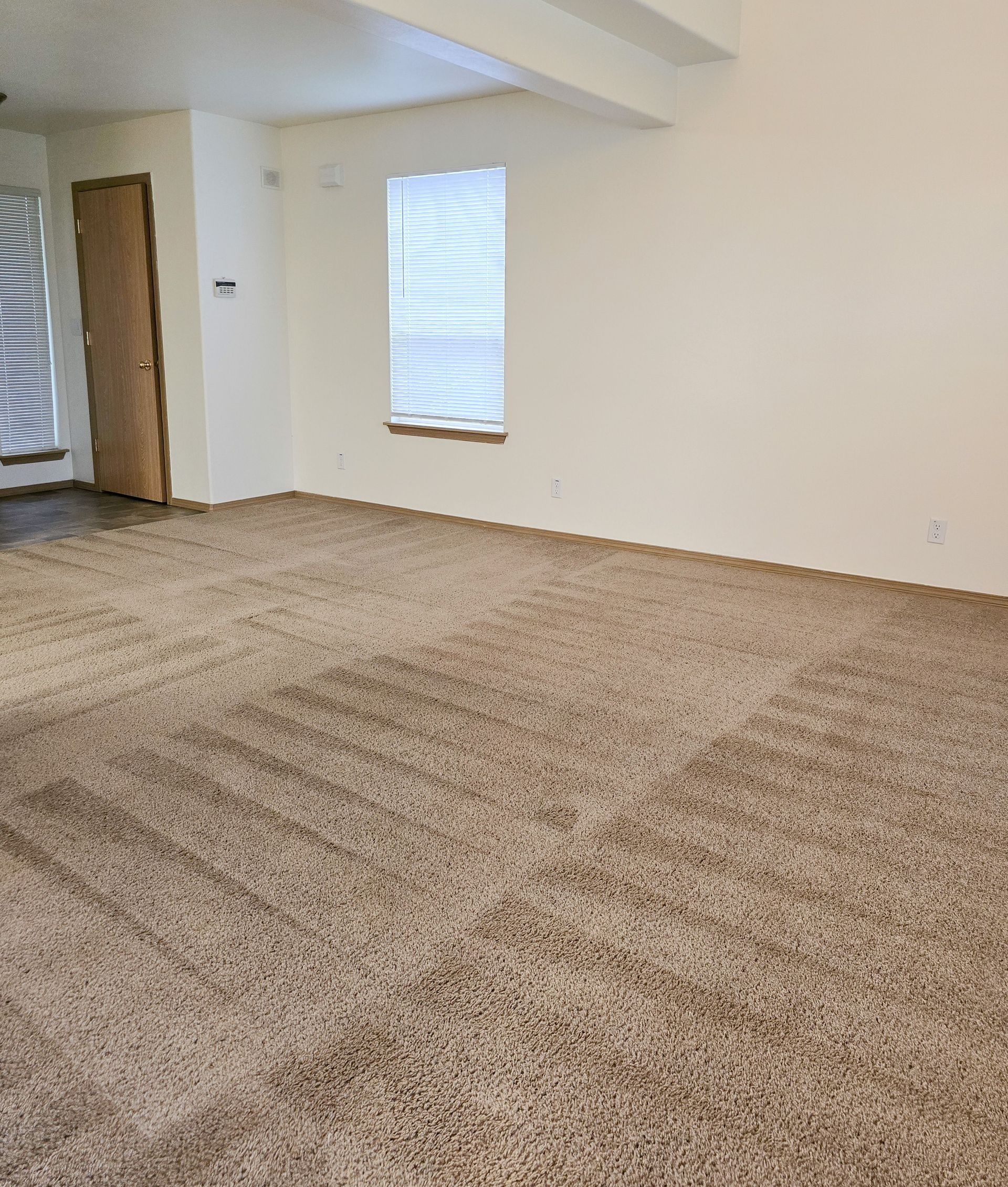 Empty beige-carpeted room with white walls, a small window, and a wooden door.
