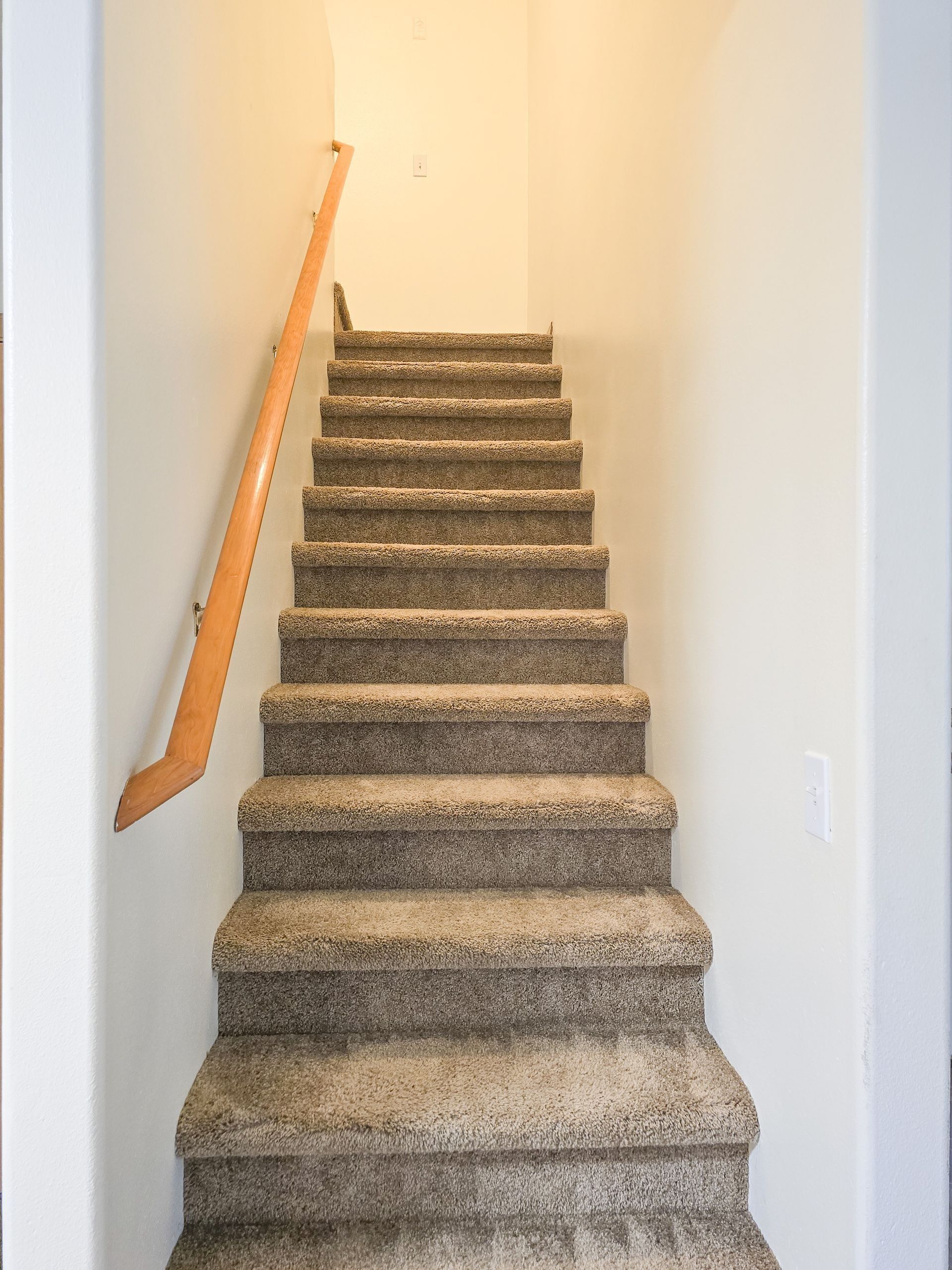 Carpeted staircase with a wooden handrail in a narrow white hallway
