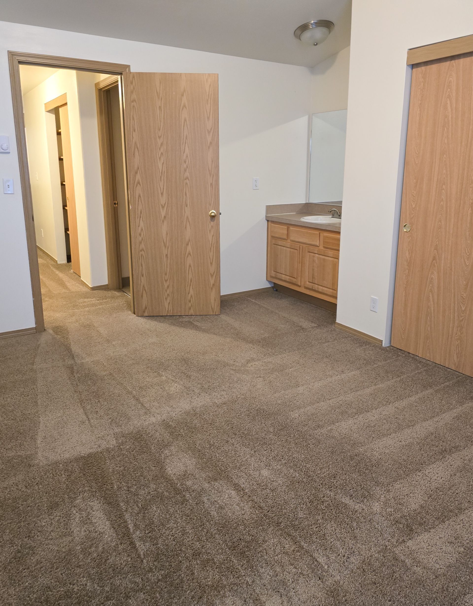 Empty carpeted room with open wooden doors and a small bathroom vanity in the corner