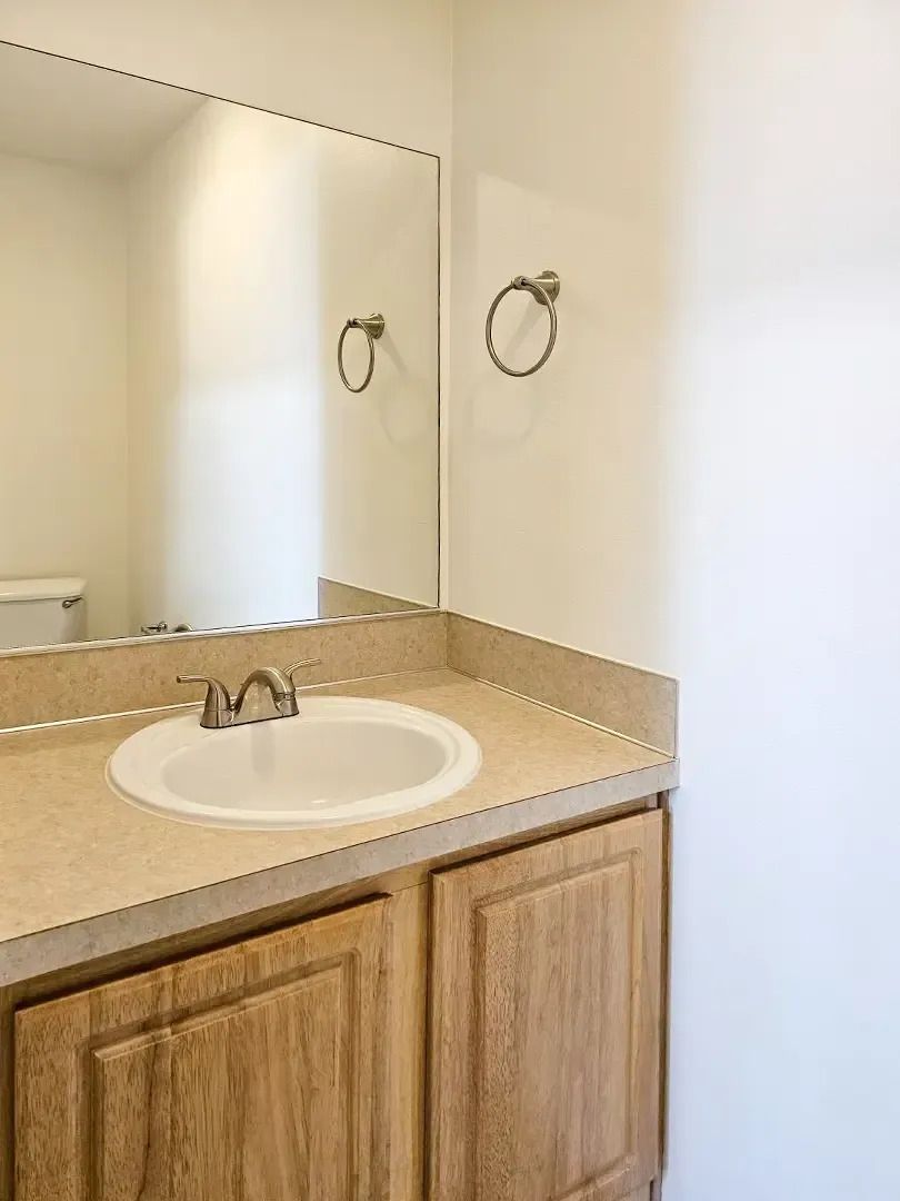 Bathroom vanity with sink, large mirror, beige countertop, and wood cabinets