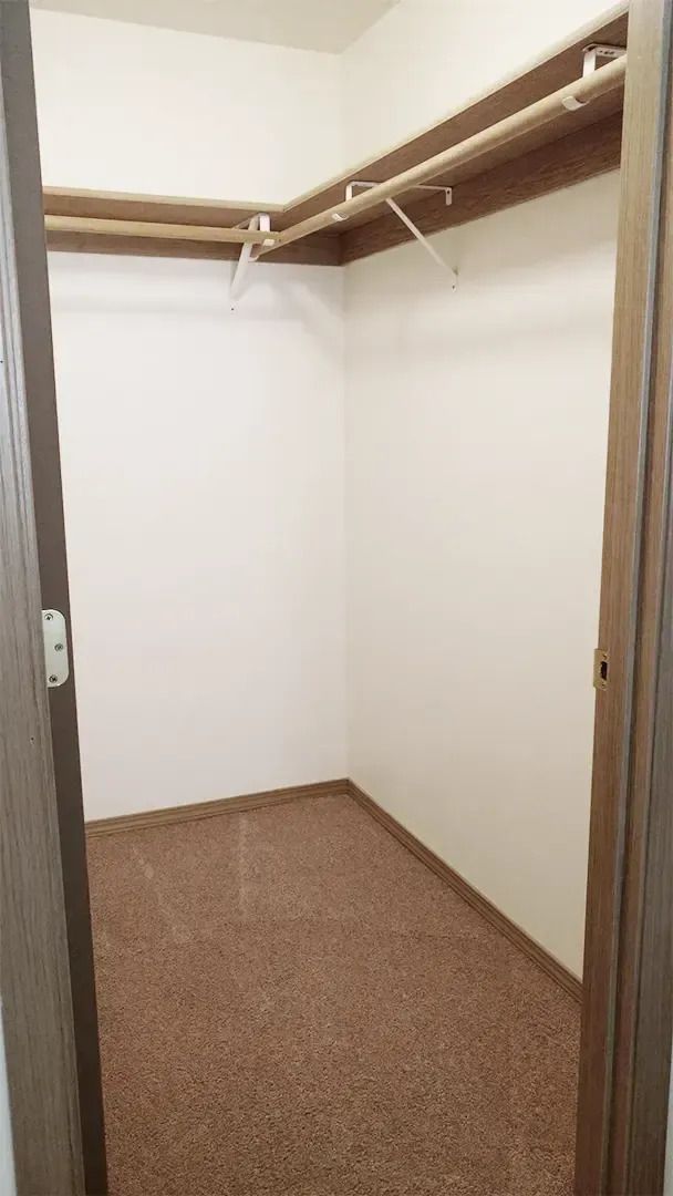 Empty walk-in closet with white walls, beige carpet, and wooden hanging rods.