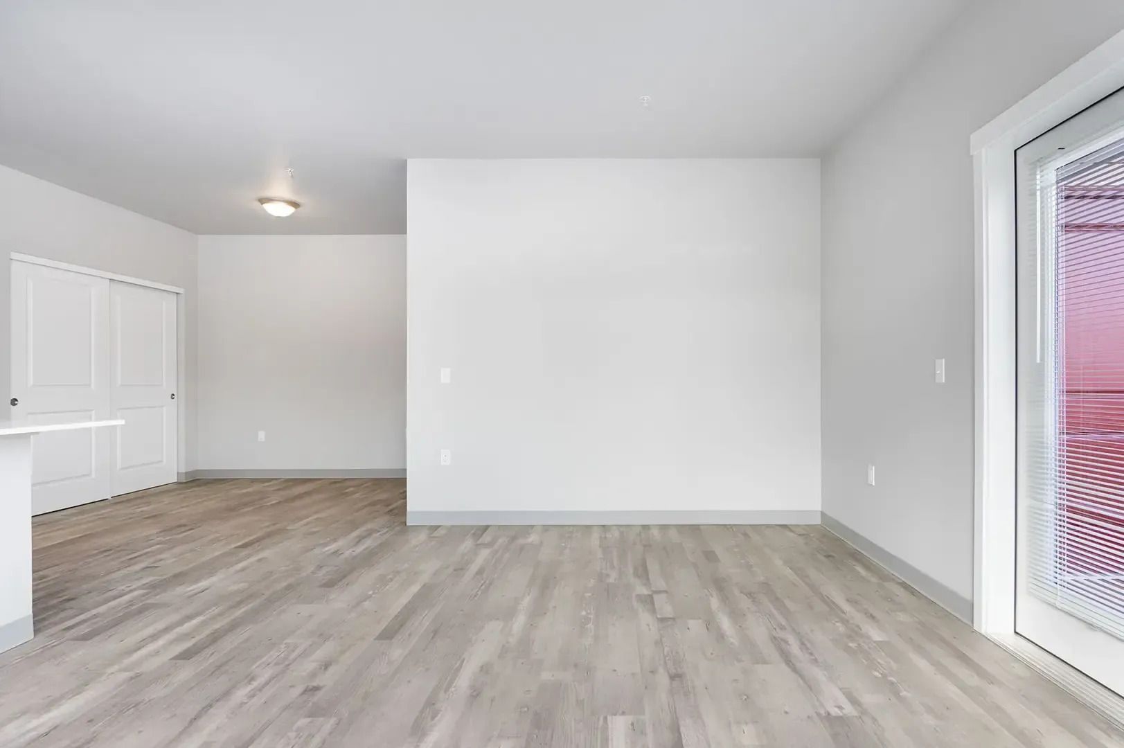 Empty modern room with light wood floors, white walls, and a glass door.
