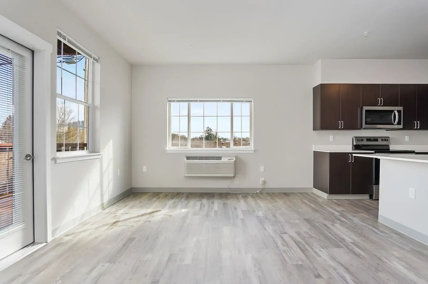 Bright empty kitchen and living area with white walls, gray wood floors, dark cabinets, and large windows.