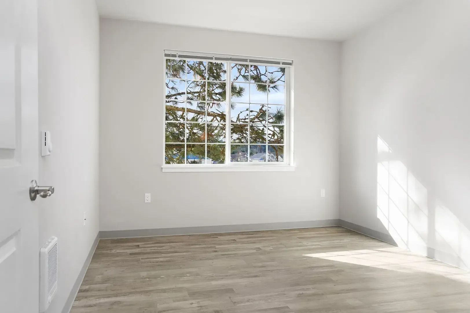Empty bright room with white walls, wood-look floor, and a window with sunlight and tree view