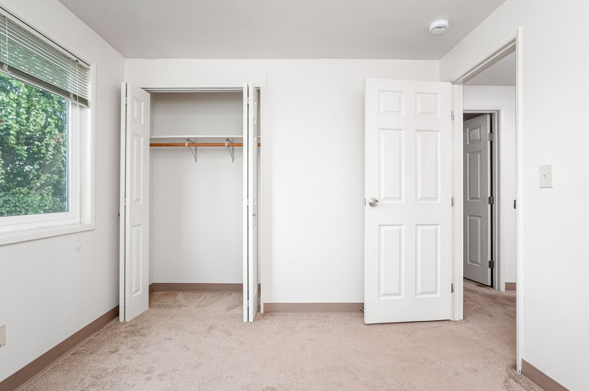 Bright empty bedroom with open closet, white door, beige carpet, and window with greenery outside