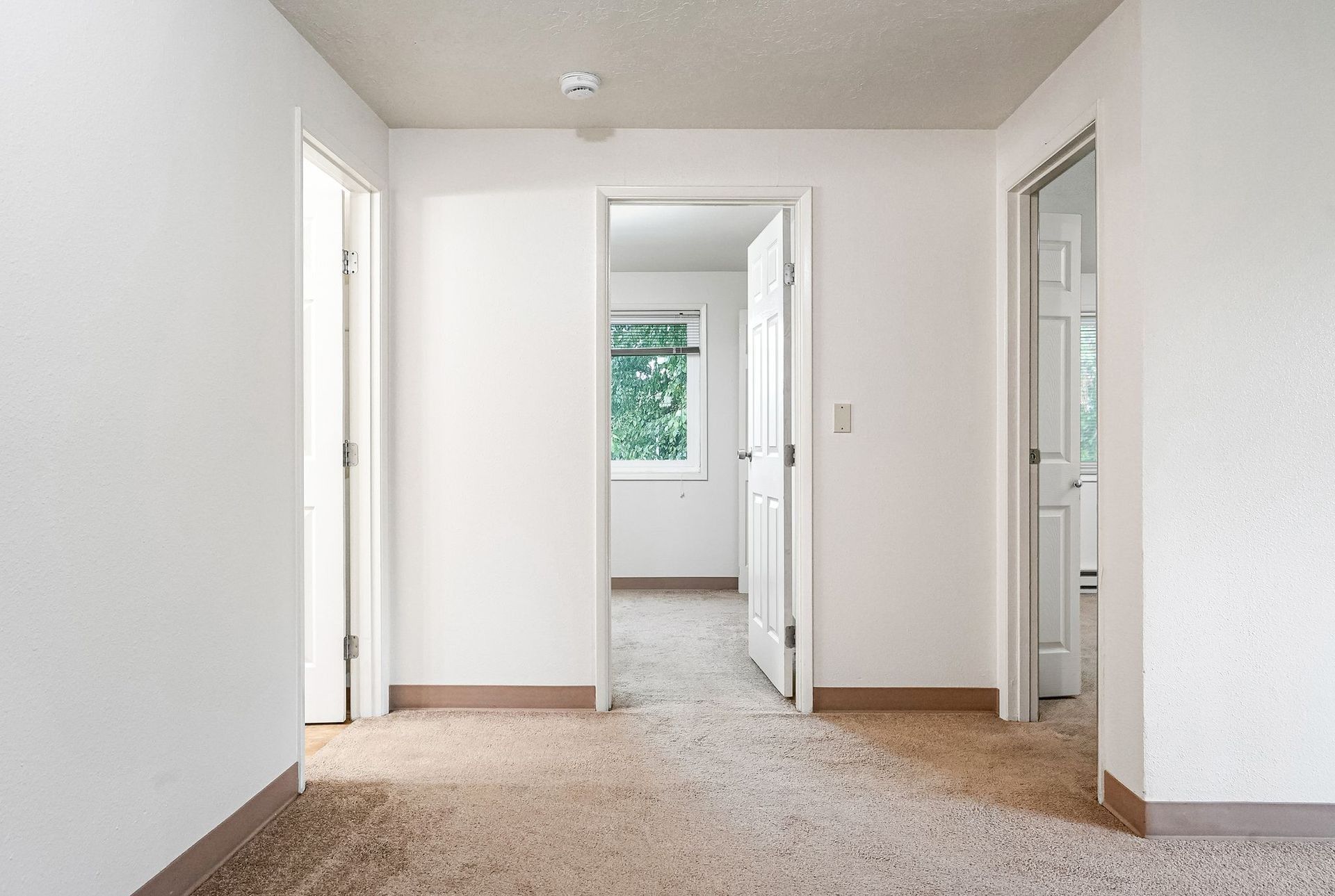 Empty white hallway with open doorways and a window at the end, showing carpeted floors.