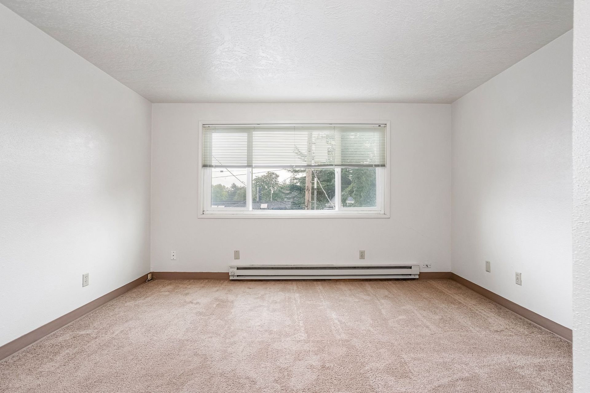 Empty white bedroom with carpet, a window, and baseboard heater
