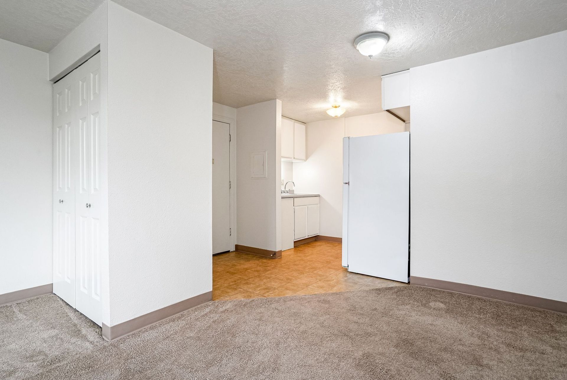 Empty apartment living area with carpet, hardwood kitchen, and white walls