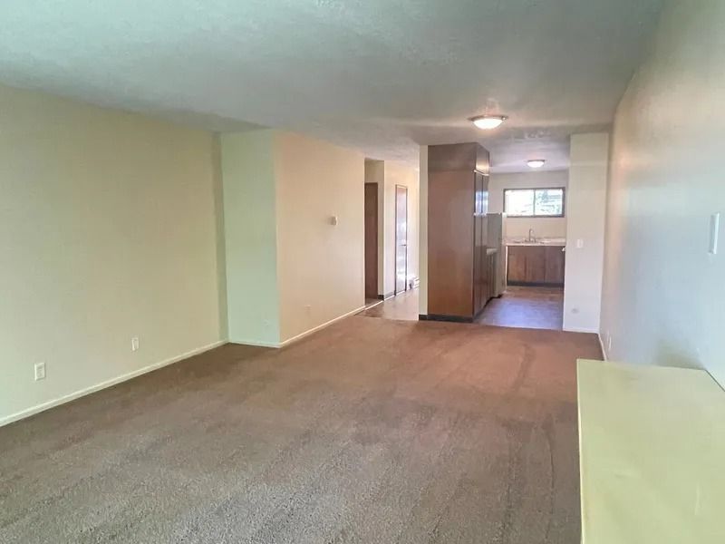 Empty carpeted living room opening to a kitchen, with beige walls and white trim.